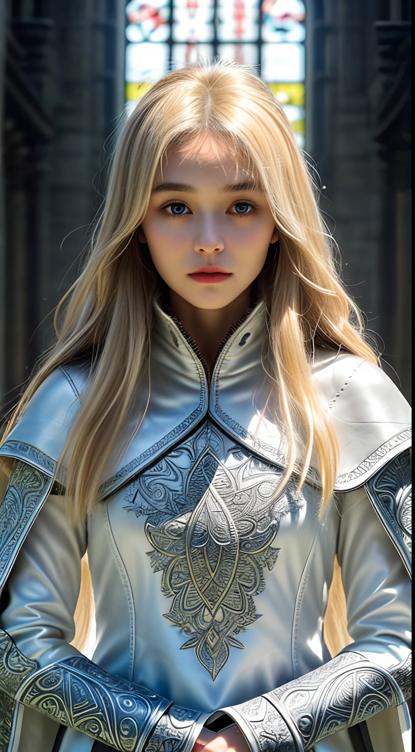 Extremely detailed RAW photo, (rogue thief:1.2) european nordic 19yo female wearing stitched layer (leather armor:1.2), (embroidered white silk cloak), (fabric with intricate pattern:1.2), (insanely detailed, bloom:1.3), 8k, (analog:1.2), (high sharpness), (detailed pupils:1.2), detailed face and eyes, masterpiece, best quality textures, (highly detailed floral patterns:1.1), photorealistic, ecstatic:1.1), (young woman:1.2), sharp, (perfect body:1.2), half body (gothic temple background:1.1), sunset, god rays, blonde long hair, midshot, centered image, ultra detail, extremely face detail, extremely eye detail,