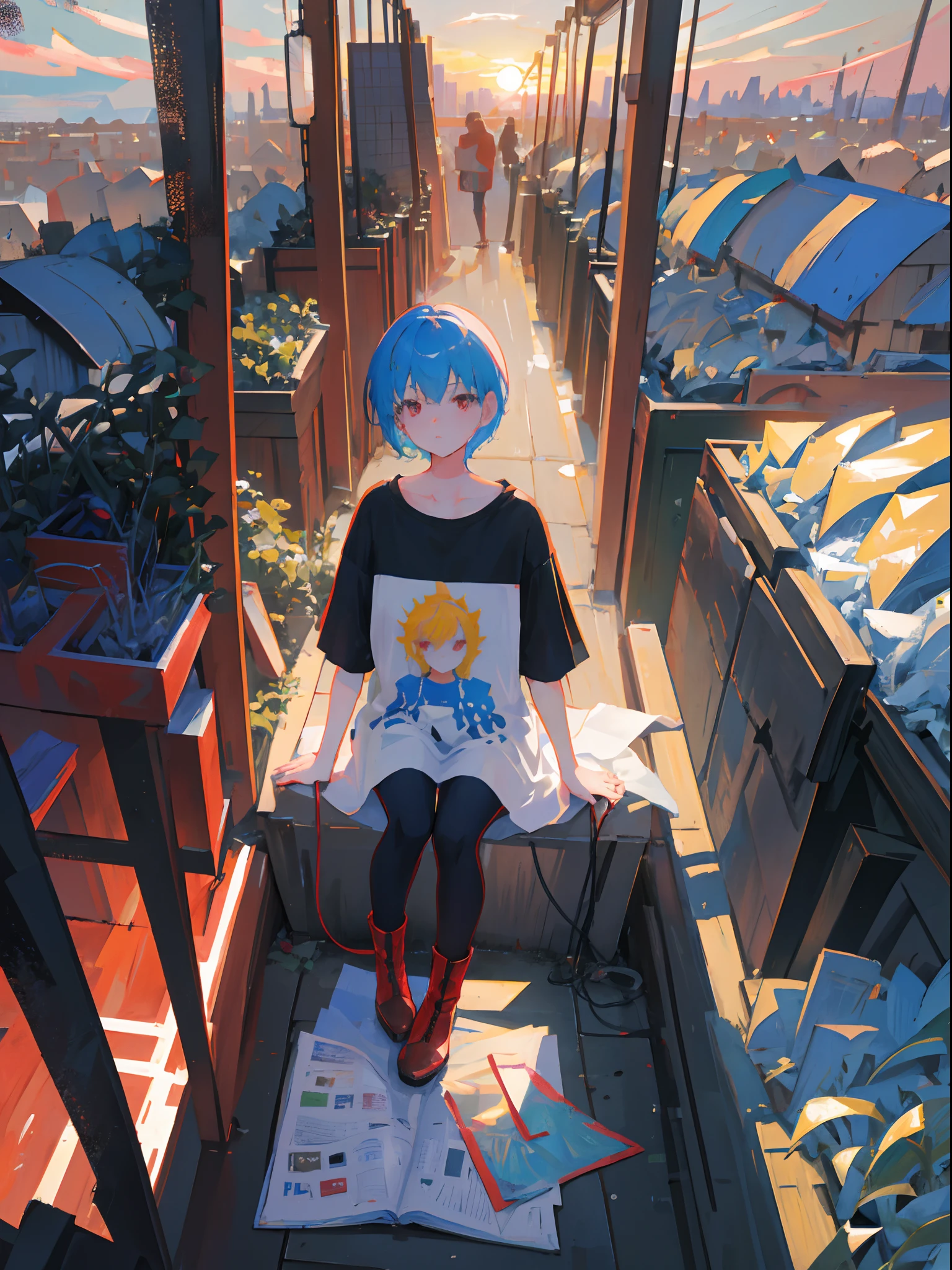 1girl, short blue hair, red eyes, wearing artist's t-shirt, artist's shorts, leather high heel shoes boots, black pantyhose, she's drawing the scene, the world is chaotic, she's on the right side of the screen, she is messed up, high top view angle, she's serius looking at the canvas, in the background we can see the city in flames, town, show almost the whole body, she's look concerned(facial exprecion), she's with a color pallet in hand and brush in other, oil pastel painting, she is in a open-field next to the town, high res, ultrasharp, 8K, masterpiece, full details, artstation, sun rising, the view is from top, good composition, looking at the canvas