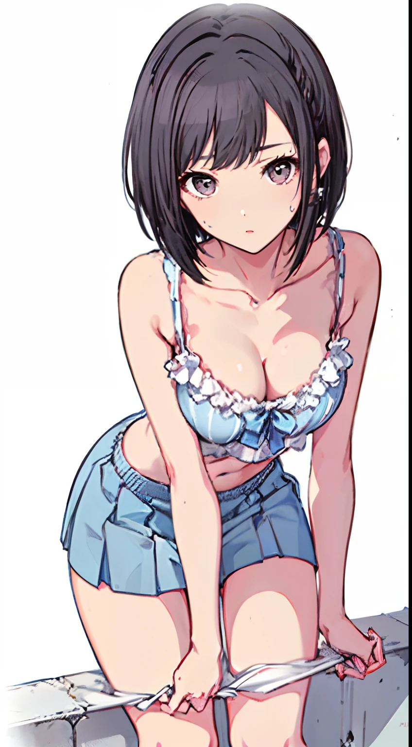 (Light blue camisole　Pull up the skirt to show white panties　The bra is visible　Gravure Pose　Very detailed down to the smallest detail　clear outlines　Beautiful face　Beautiful skin)  thin-waist　A slender　ribbed　skinny limbs　teats　cleavage of the breast　Beautiful breasts　a short bob　Uterine mouth　Beautiful fingertips　Light blue nails　Anime style