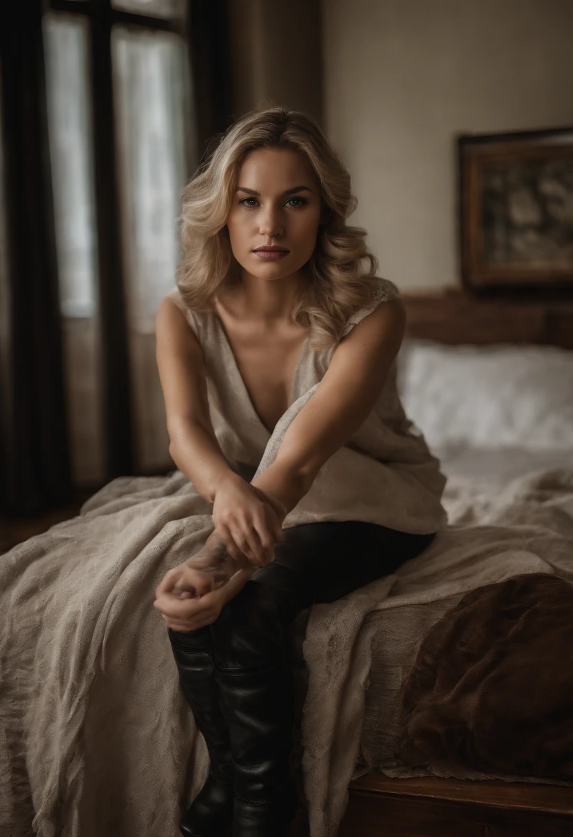 A 24-year-old girl photo of the whole blonde body waiting for you in your living room with brown eyes a not too dark complexion,Very elegant bob cheuveux coupe. Very short black skirt open white shirt boots,gros seins,seductive look