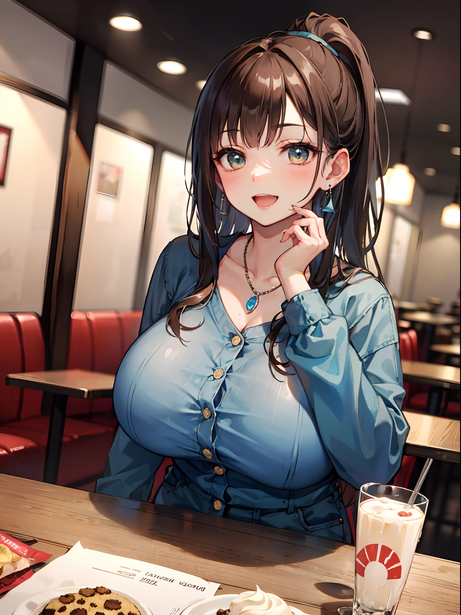 In restaurant, table, ice cream, cookie, candy, milk, restaurant, high resolution, 8k, masterpiece, best quality, 1girl, curl brown hair, ponytail, mature female, cute shirt, jean jacket, earrings, necklace, large breasts, huge breasts, breasts on table, breast rest, elbows on table, elbow rest, chin rest, open mouth, happy smile
