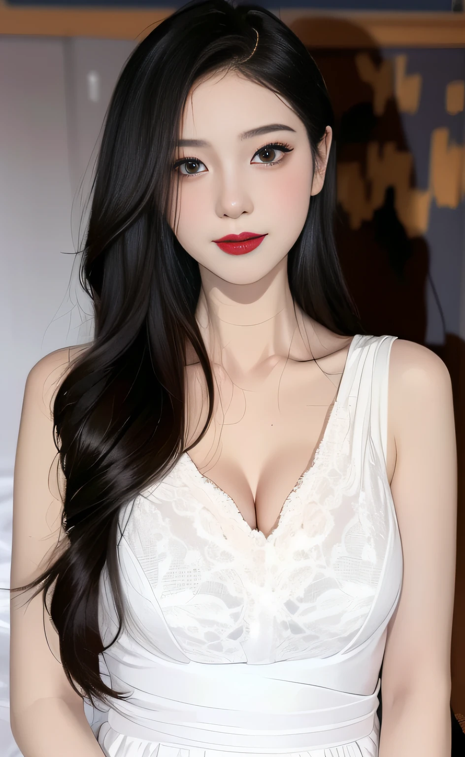 (8k, RAW photo, best quality, masterpiece:1.2), (realistic, photo-realistic:1.4), ultra-detailed, (Kpop idol),perfect detail , looking at viewer,make up, Jessica Marie Alba,
huge breast, cleavage, smile, see through,
a close up of a woman with long black hair wearing a white dress, gemma chan beautiful girl, ruan jia beautiful!, gemma chan, gorgeous chinese models, gemma chan girl portrait, shaxi, with cute - fine - face, xision wu, By Ni Tian, Gemma Chen, lulu chen, xintong chen, wenfei ye, Beautiful Asian girl