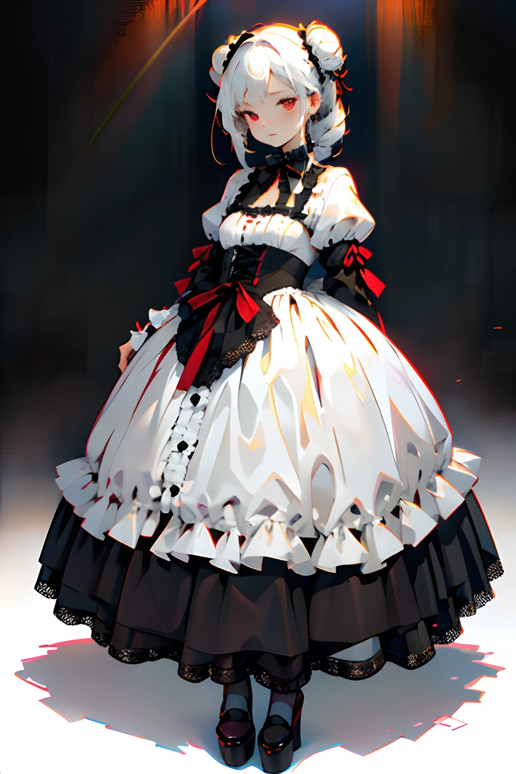 top-quality、​masterpiece、1 girl in、20yr old、kawaii faces、Extraordinary beauty、Black background、Black background、Full Body Angle、White and black gothic ta fashion、Gothic Loliashion、Cute poses、Standing、black backgrounds、white  hair:1.5、Red Eyes、red-lips、white  clothes、Black and white world、Black and white world、light skinned、Bun hair