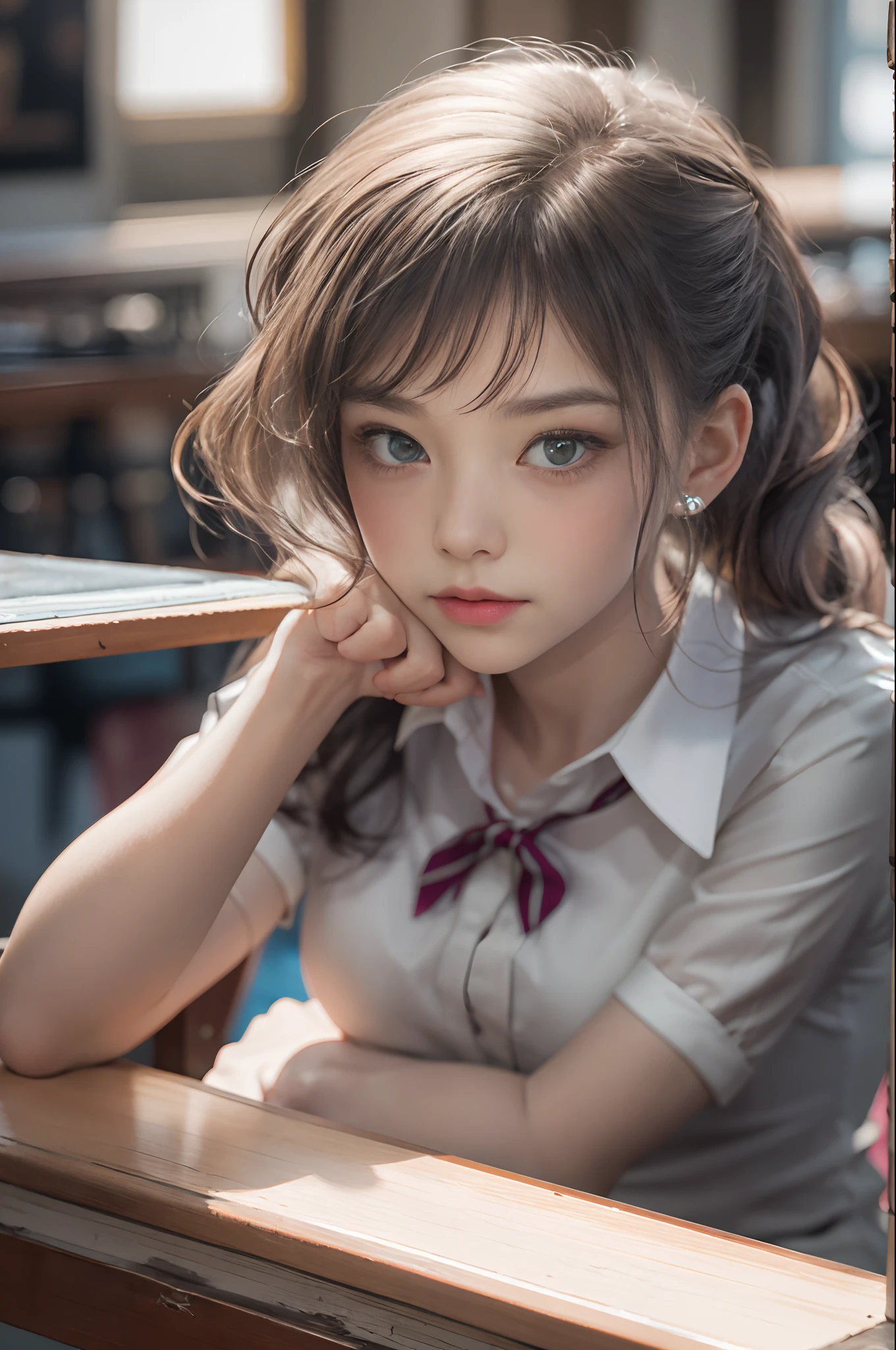 ultra realistic 8k cg, picture-perfect face, flawless, clean, masterpiece, professional artwork, famous artwork, perfect face, beautiful face, beautiful eyes, ((perfect female body)), solo,(immersive atmosphere, chiaroscuro:1.5,bright light:1.2,luminous lighting)
,,(blush:0.5),seductive expression,extremely detailed_eyes,thick thighs,large breasts,
beautifully detailed background,depth of field,realistic:1.3, long shot,1girl,shirt,pleated skirt, school uniform, sitting, full body,
(ambient light:1.3),(cinematic composition:1.3),(neon lights:0.1),(HDR:0.1),Accent Lighting, white pantyhose,