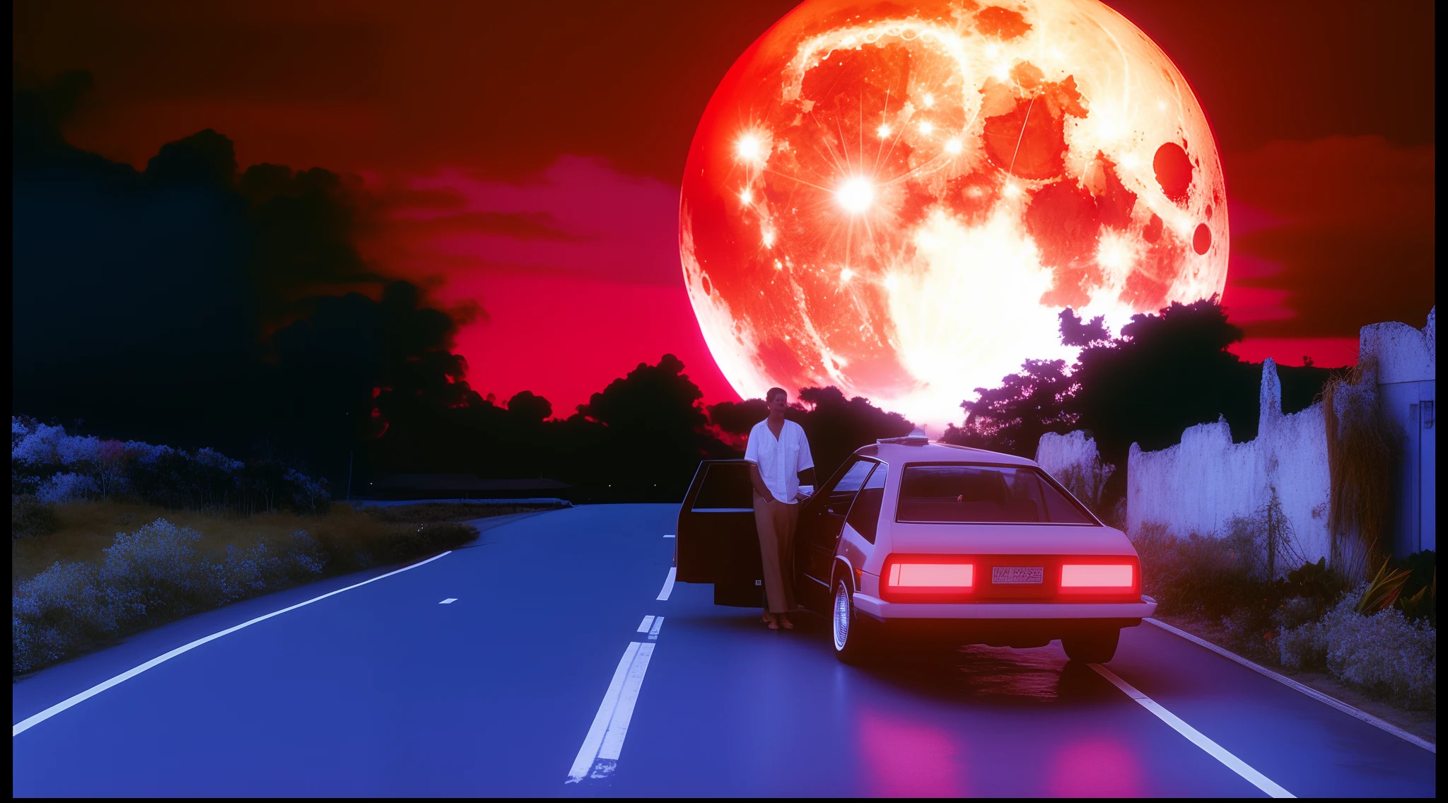 There's a car that's driving down the road with a giant moon in the background, cena surreal, lua cheia de sangue, durante uma lua de sangue, epic red - orange moonlight, lua cheia rosa gigante, lua vermelha enorme, Album art, Nuclear Explosion Moon Eclipse, lua vermelha cheia, vaporwave sunset, lua cheia de sangue, Louve a Lua de Sangue, lua vermelha