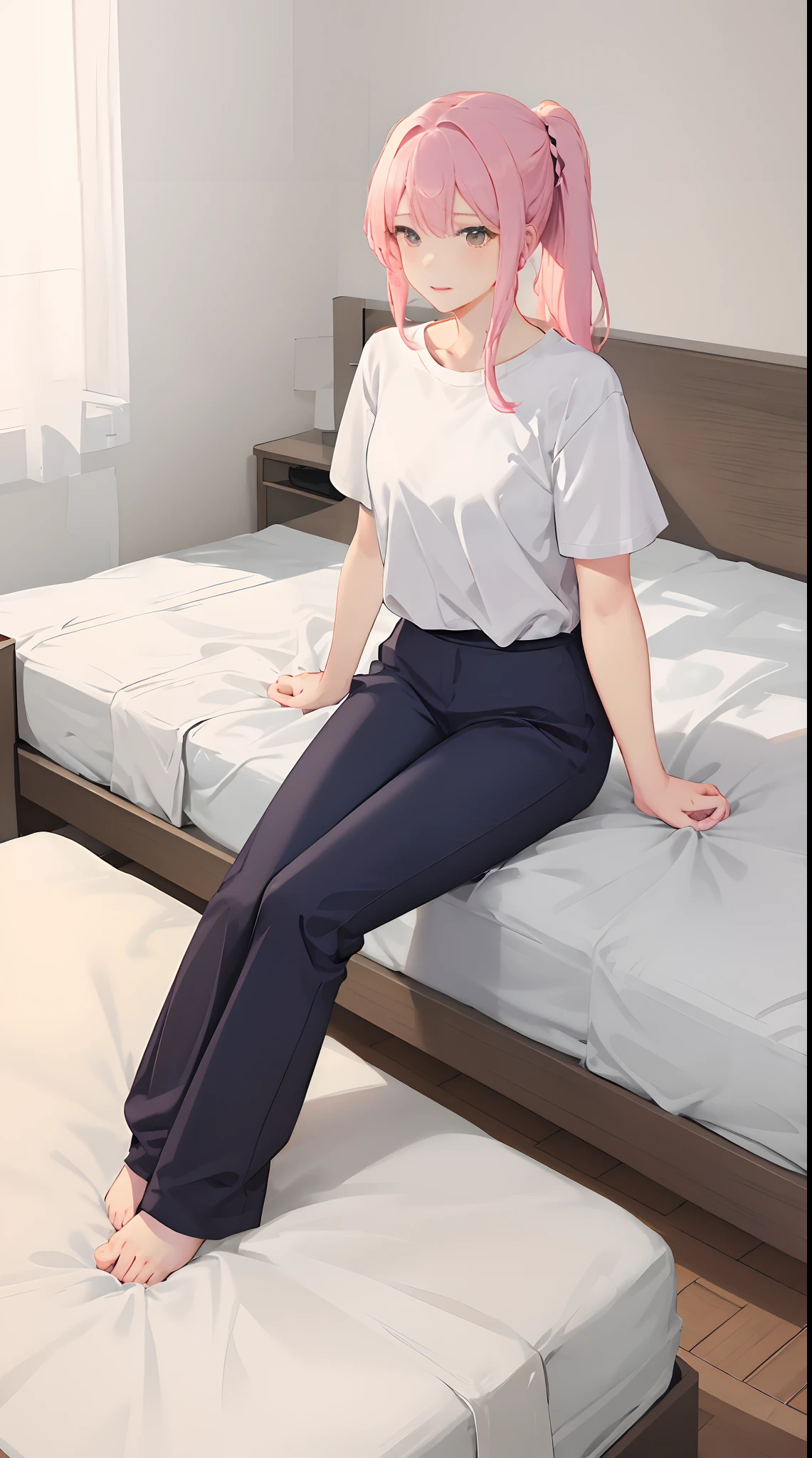 1girll, 独奏, Wear light-colored short sleeves，Wear pink slacks，sit on a bed，The chest is particularly large，Perfect hands，pony tails，Mature female