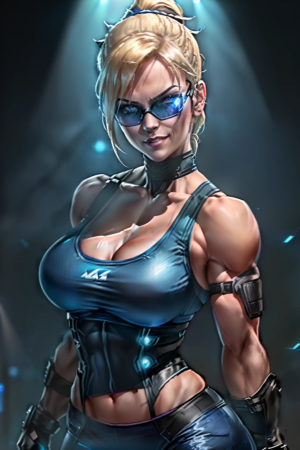 ((Cassie cage from mortal kombat series)) (beautiful face)(big glowing blue eyes)(red lips) (smiling) (sun glasses) (long straight blonde pony tail hair)((very huge breasts)) (perfect slim body) (she wears dark blue tank top outfit, black gloves, dark blue low cut pants) (inside dark military base) (high definition, volumetric lights and dinamic shadows)((masterpiece))(8k)(perfect face)(ultra details) (perfect hands, eyes, and face)