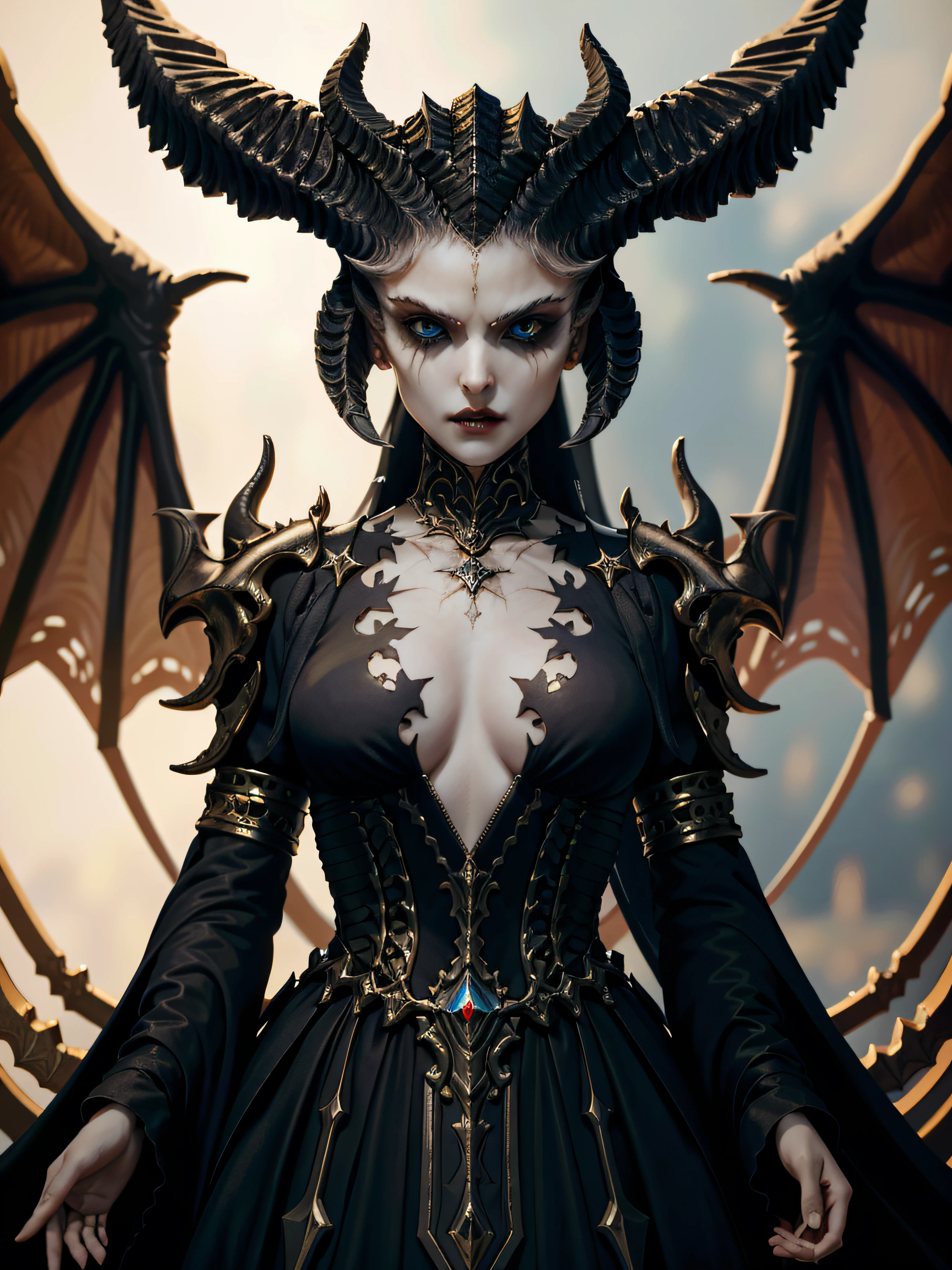 (masterpiece, best quality)
LilithDiablo,  1girl, solo, long hair, breasts, looking at viewer, blue eyes, black hair, dress, cleavage, jewelry, medium breasts, weapon, small breasts, wings, horns, teeth, sword, armor, black dress, lips, heterochromia, demon girl, black wings, demon wings, skull, center opening, black sclera, skeleton, demon