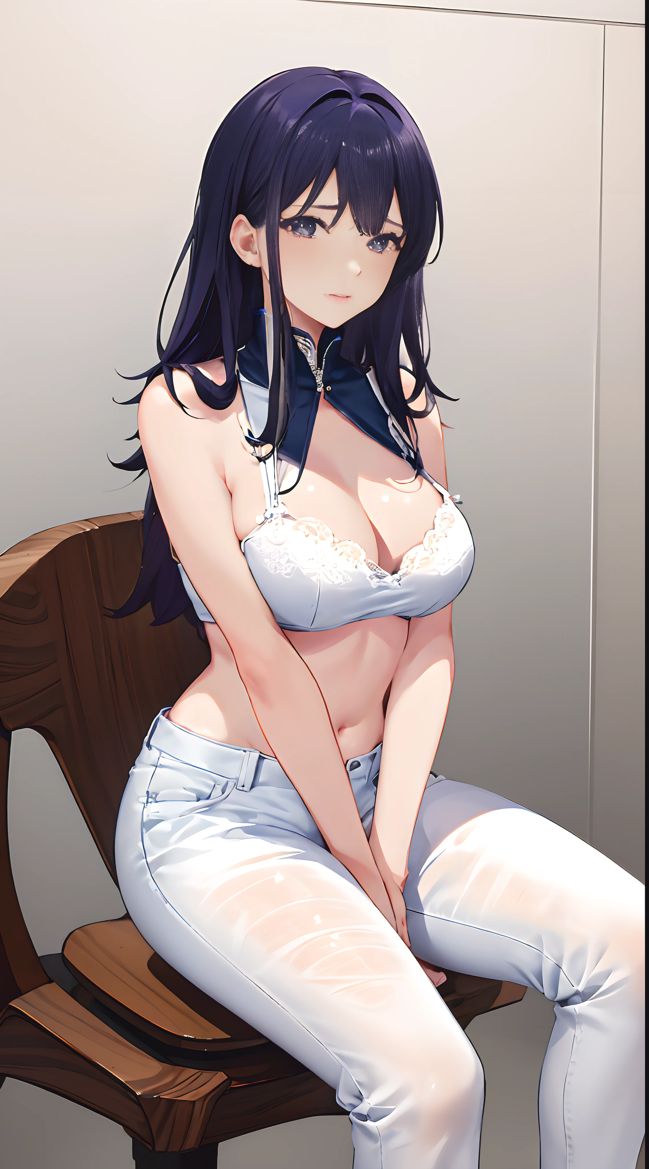 4k高清,1girll, 独奏, She wears white lace lingerie,wearing a denim pants,Exposing thighs,sit on chair,The breasts are particularly large,Perfect hands,Body sweating,Long black hair
