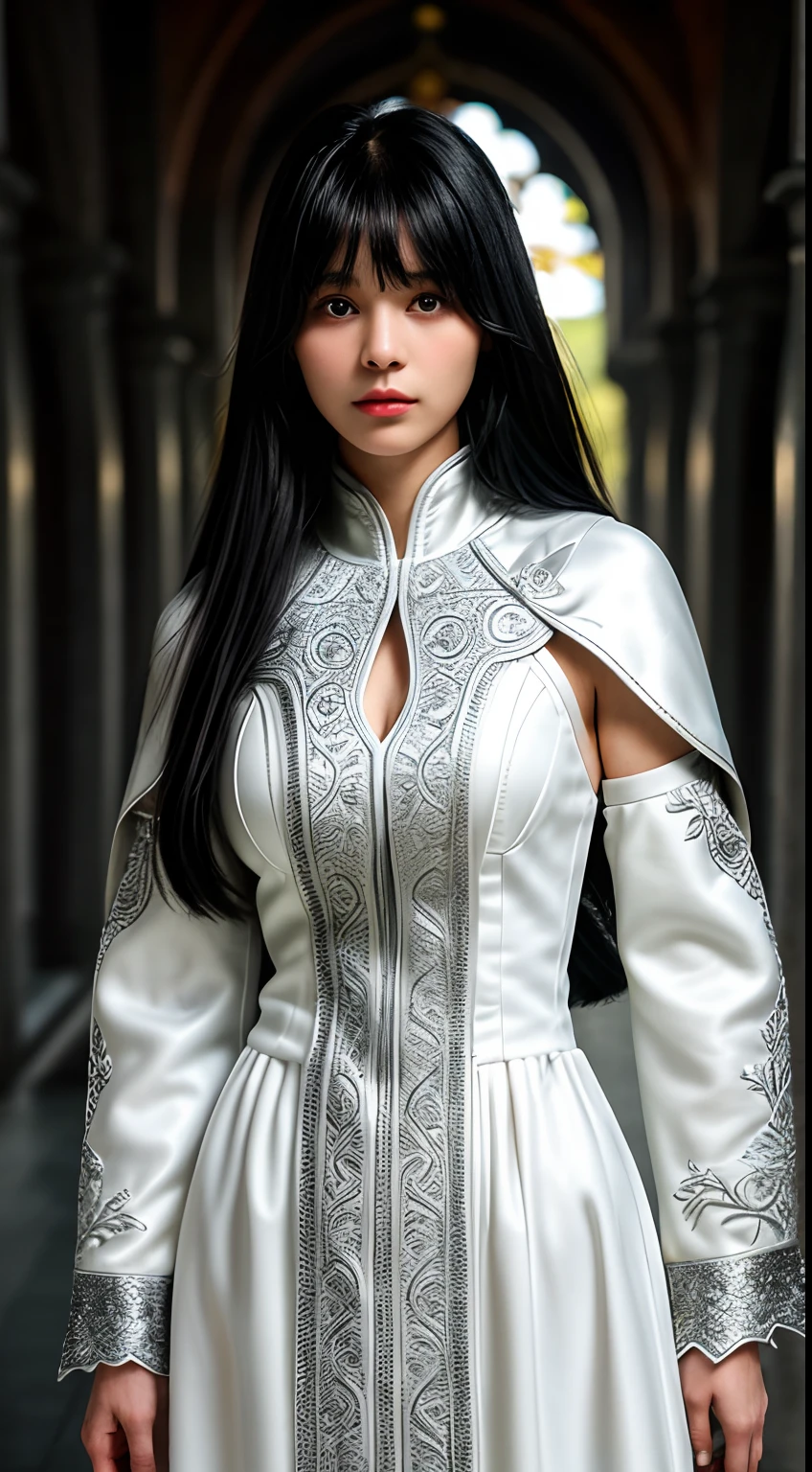 Extremely detailed RAW photo, (rogue thief:1.2) european nordic 19yo female wearing stitched layer (leather armor:1.2), (embroidered white silk cloak), (fabric with intricate pattern:1.2), (insanely detailed, bloom:1.3), 8k, (analog:1.2), (high sharpness), (detailed pupils:1.2), detailed face and eyes, masterpiece, best quality textures, (highly detailed floral patterns:1.1), photorealistic, ecstatic:1.1), (young woman:1.2), sharp, (perfect body:1.2), half body (gothic temple background:1.1), sunset, god rays, black long hair with bang, black hair long with bangs, midshot, centered image, ultra detail, extremely face detail, extremely eye detail,