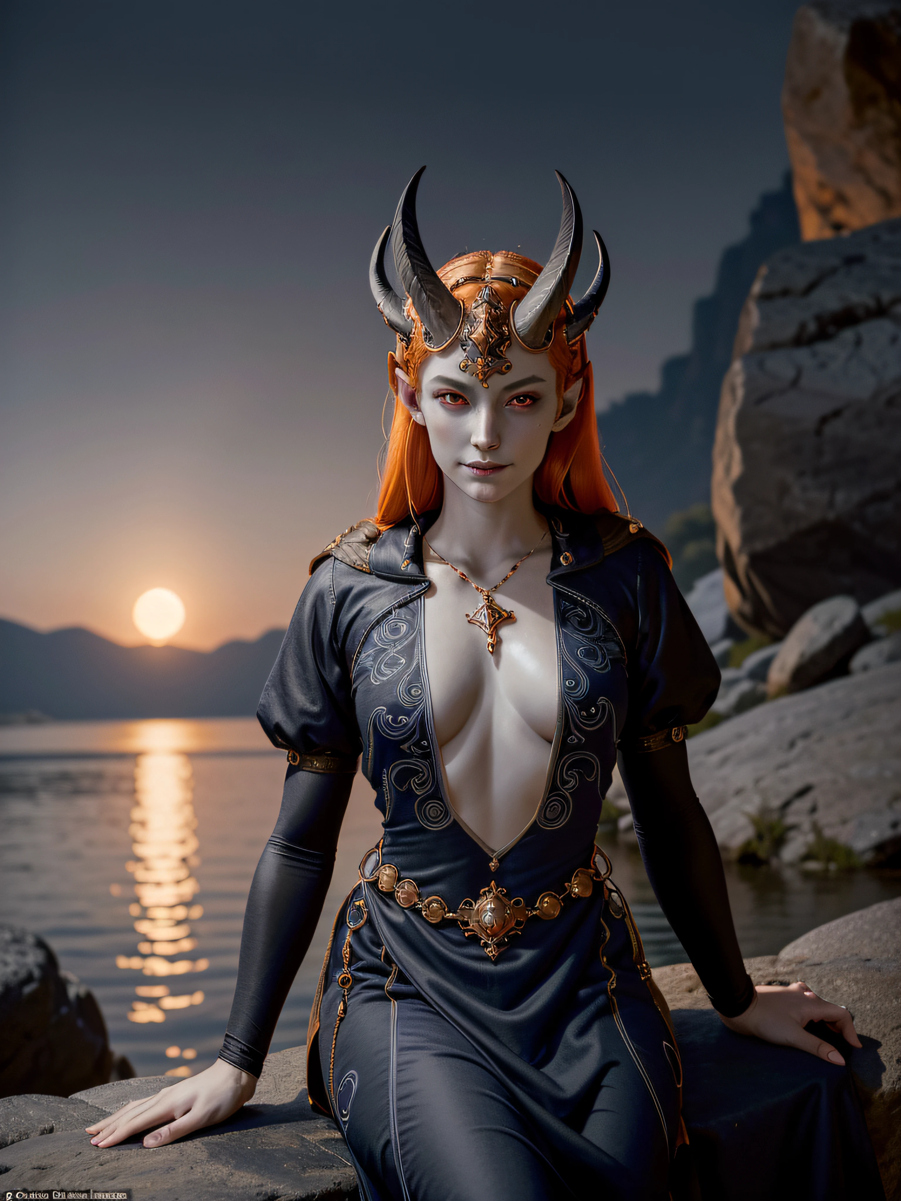 (masterpiece, best quality)
MizoraBG, 1girl, solo, grey skin, long hair, orange hair, demon horns, red eyes, dress, looking at viewer, cowboy shot, smirk, sitting on a rock, at a lake, at night, moonshine, moon