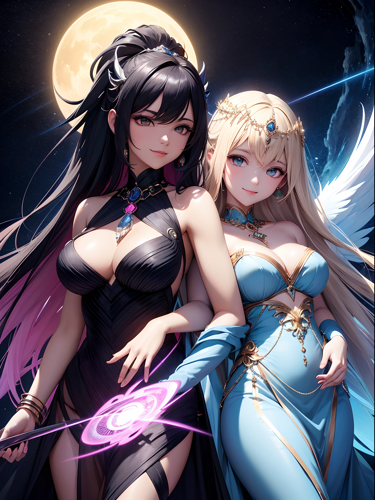 UHD, masterpiece, anatomically correct, super detail, high quality,isometric, optical illusion, create an image featuring, on one side, a beautiful, smiling character representing the goddess of the day, adorned in long, light dresses, and radiating a divine light; on the other side, depict the goddess of the night, exuding a calm and reassuring presence, dressed elegantly in shades of black and light and dark blue, with an aura of nighttime colors that affirm her divinity. One symbolizes the sun, while the other embodies the moon. The background should be tailored to these divine beings, with the goddess of the day h.aving blonde hair, and the goddess of the night having black hair with pink streaks."