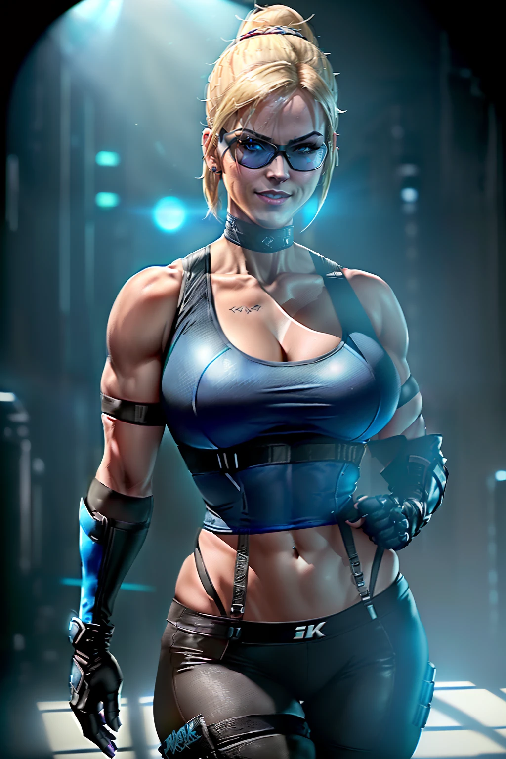 ((Cassie cage from mortal kombat series)) (beautiful face)(big glowing blue eyes)(red lips) (smiling) (sun glasses) (long straight light blonde pony tail hair)((very huge breasts)) (perfect slim body) (she wears dark blue tank top, black gloves, low cut pants) (inside dark military base) (high definition, volumetric lights and dinamic shadows)((masterpiece))(8k)(perfect face)(ultra details) (perfect hands, eyes, and face)