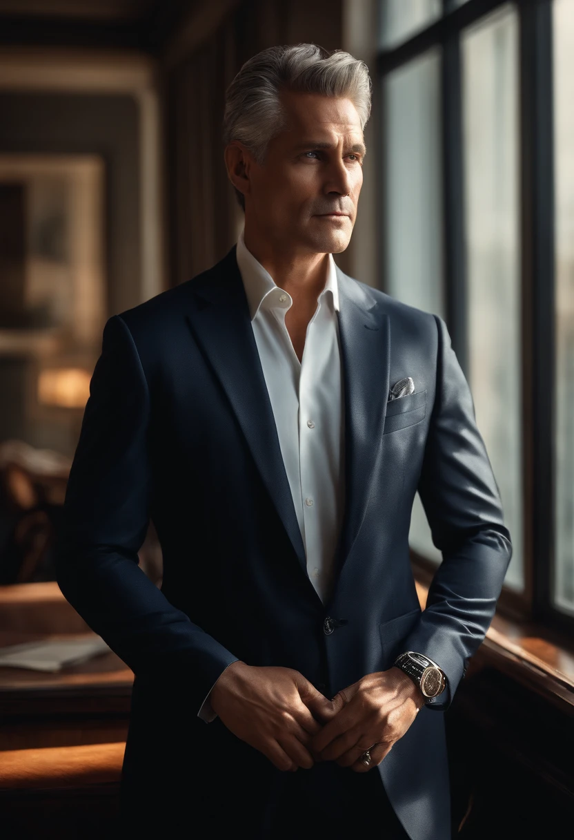 middle-aged man, serious expression, neat and tidy appearance, confident posture, standing by a window, sunlight shining on his face, ovale face,  wearing a tailored suit, carrying a briefcase, a hint of black hair, piercing eyes, distinguished look, faint smile, a hint of wisdom and experience, professional background, successful businessman, elegant and refined, regal aura, sophisticated charm, high-res image quality, ultra-detailed features, crisp focus, realistic skin texture, vibrant colors, warm color tones, natural lighting, sophisticated and timeless artwork.