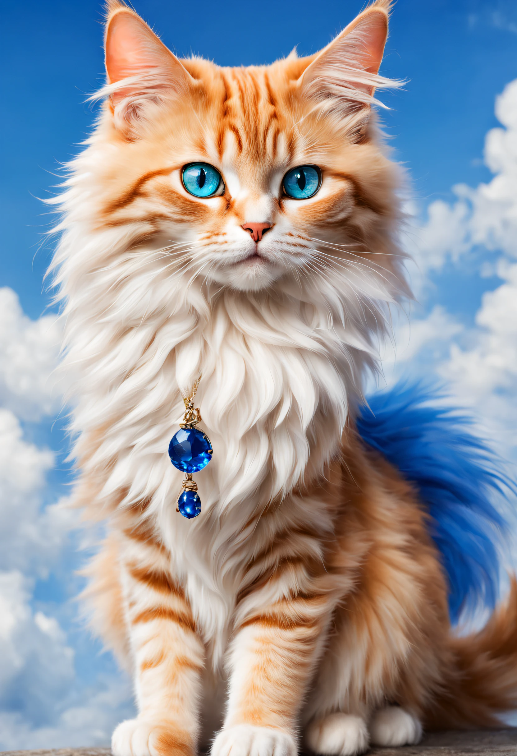 a cat that stands out not only for its extraordinary beauty, but also for its character. It is a cat with wonderful, sapphire-colored fur that brings to mind the sky or clouds. His eyes are as if they belonged to an angel - bright, shining, full of gentleness and kindness. How does it feel to look at this cat and how do you think its unique beauty affects the people around it? cat shown complete with tail and legs