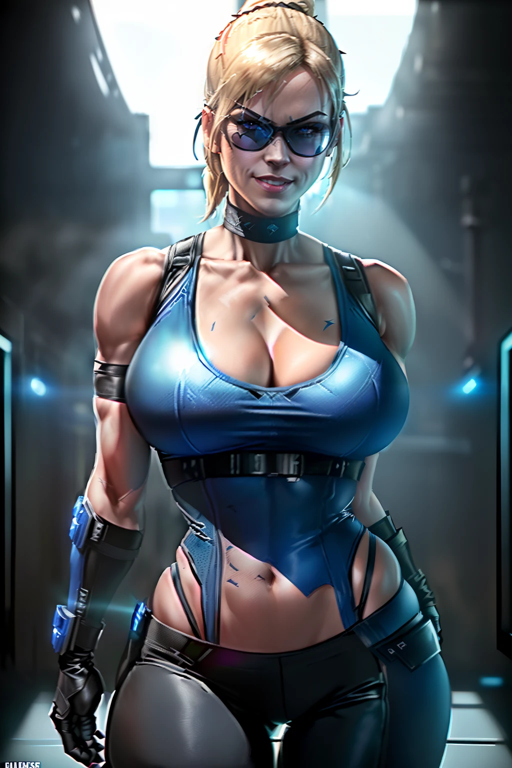 ((Cassie cage from mortal kombat series)) (beautiful face)(big glowing blue eyes)(red lips) (smiling) (sun glasses) (long straight light blonde pony tail hair)((very huge breasts)) (perfect slim body) (she wears dark blue tank top, black gloves, low cut pants) (inside dark military base) (high definition, volumetric lights and dinamic shadows)((masterpiece))(8k)(perfect face)(ultra details) (perfect hands, eyes, and face)