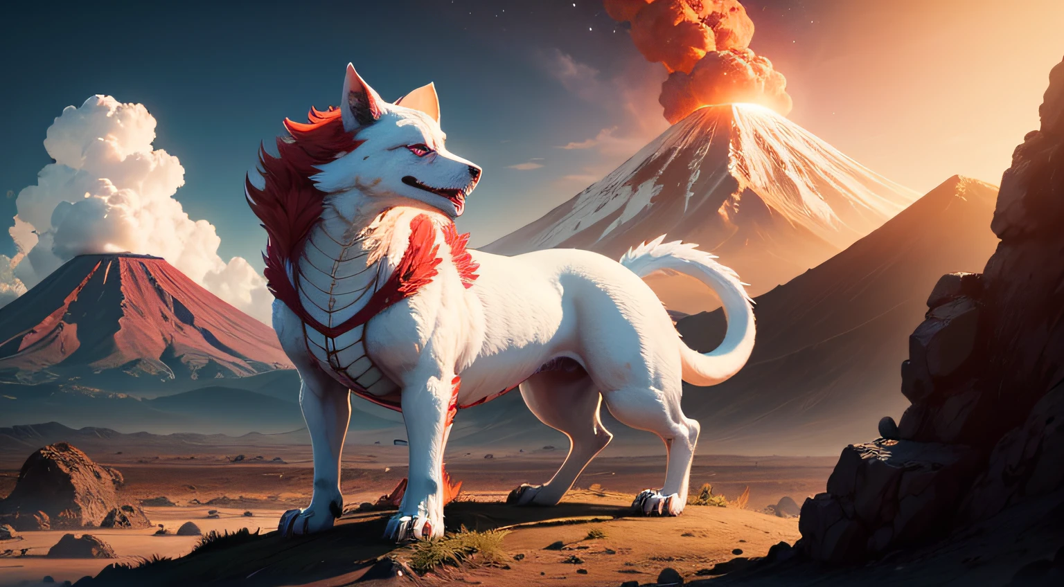 un perro blanco con cafe frente a un dragon rojo en un valle lleno de volcanes y cielos oscuros con rayos
