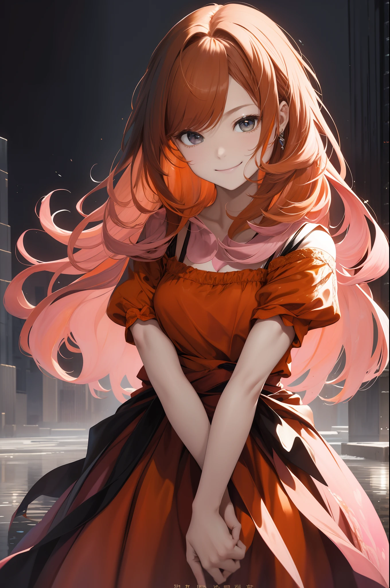Black background、bustshot、an oil painting、masterpiece、top-quality、hight resolution、((Orange hair))、long hair、((Pink dress))、A smile、Smirking expression、front facing、Reflection from the waist to the head、arms crossed in front of chest