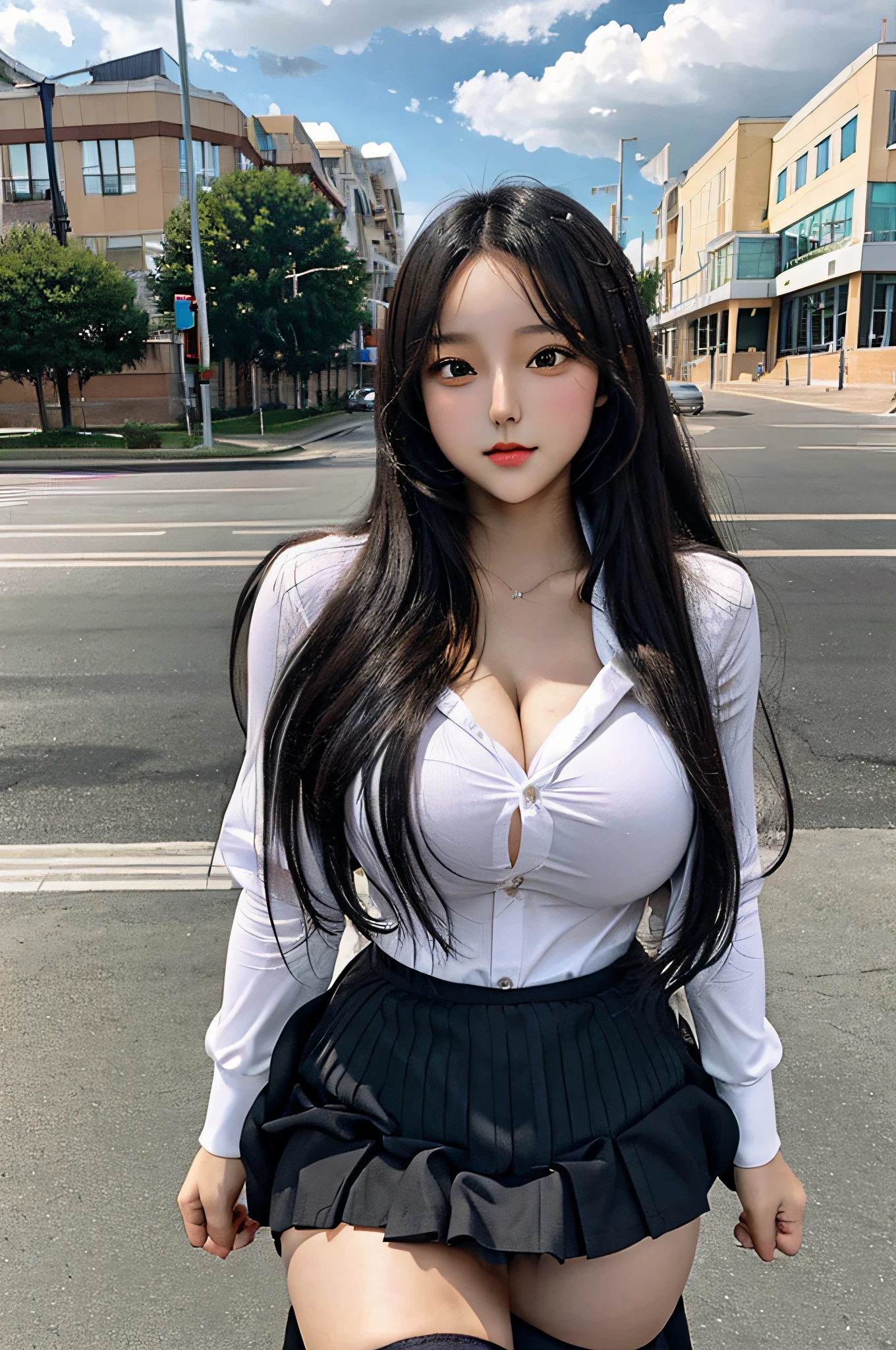 black eyes curvy girl using school skirt (((upskirt))) being his body center of camera, bra,