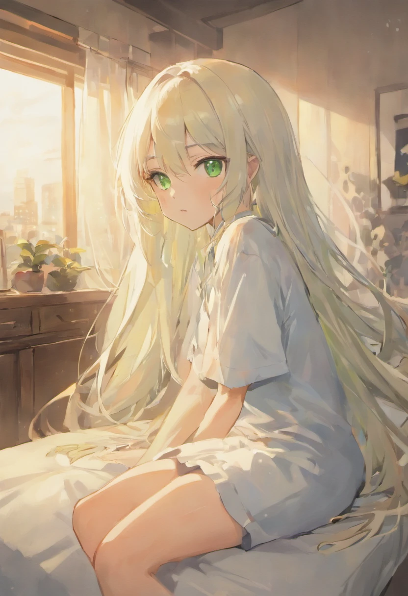 Anime girl, white long hair, green eyes, white t-shirt, knee up, in bedroom