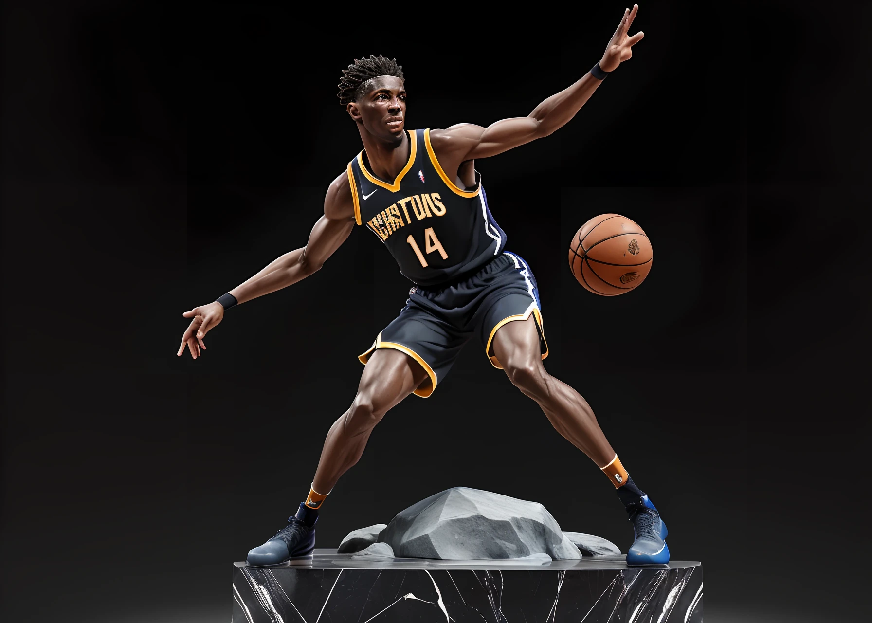 The greatest basketball player in black marble stone statue in high realism in 8k