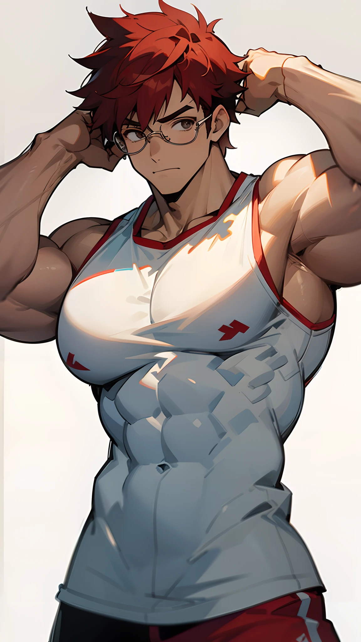 1 male, huge muscles, white tank top, short red hair, glasses, anime art style, 8k, masterpiece, great resolution, great details, gym background, muscle flexing, full body portrait --auto