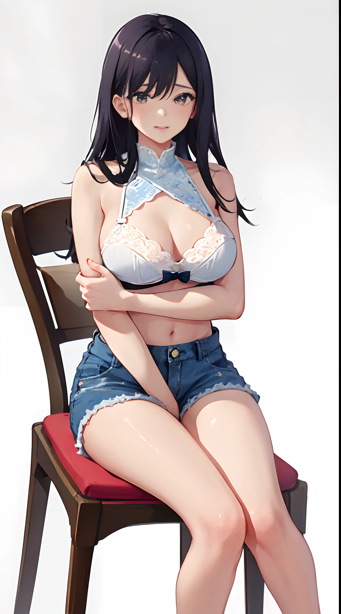 4k高清，1girll, 独奏, She wears white lace lingerie，Wear blue denim shorts，Exposing thighs,sit on chair，The breasts are particularly large，Perfect hands，Body sweating，Long black hair