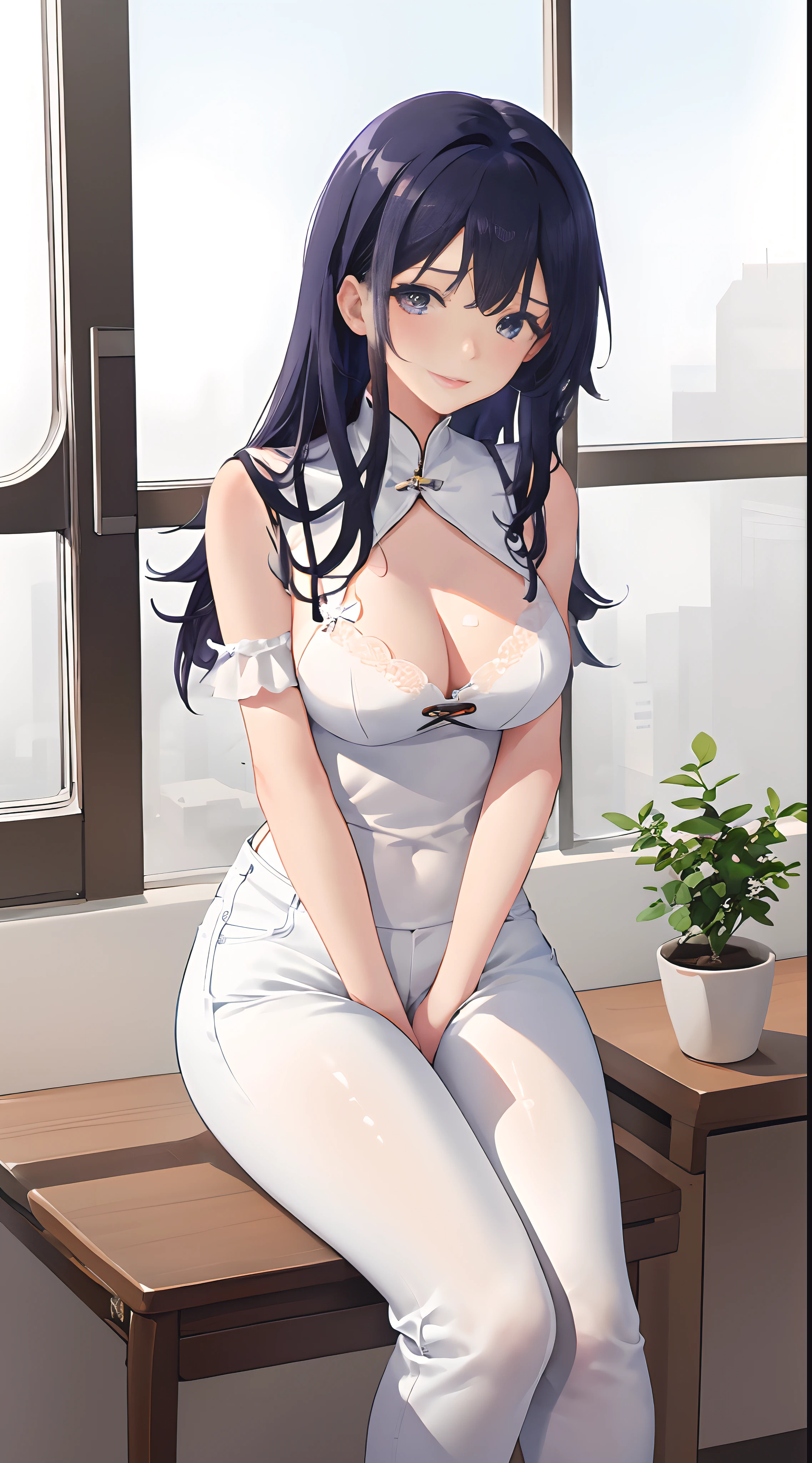 4k高清，1girll, 独奏, She wears white lace lingerie，wearing a denim pants，Exposing thighs,sit on chair，The breasts are particularly large，Perfect hands，Body sweating，Long black hair