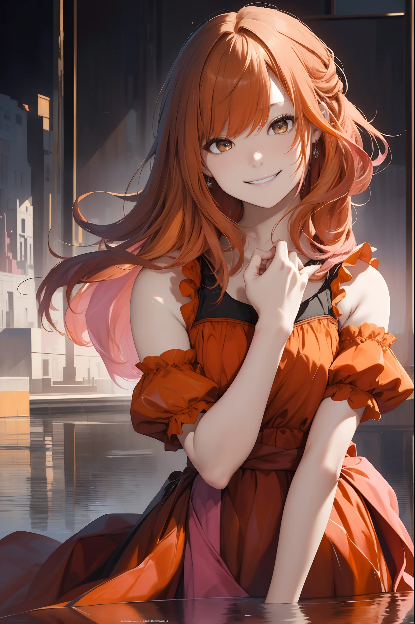 Black background、bustshot、an oil painting、​masterpiece、top-quality、hight resolution、((Orange hair))、long hair、((Pink dress))、A smile、Smirking expression、front facing、Reflection from the waist to the head、arms crossed in front of chest