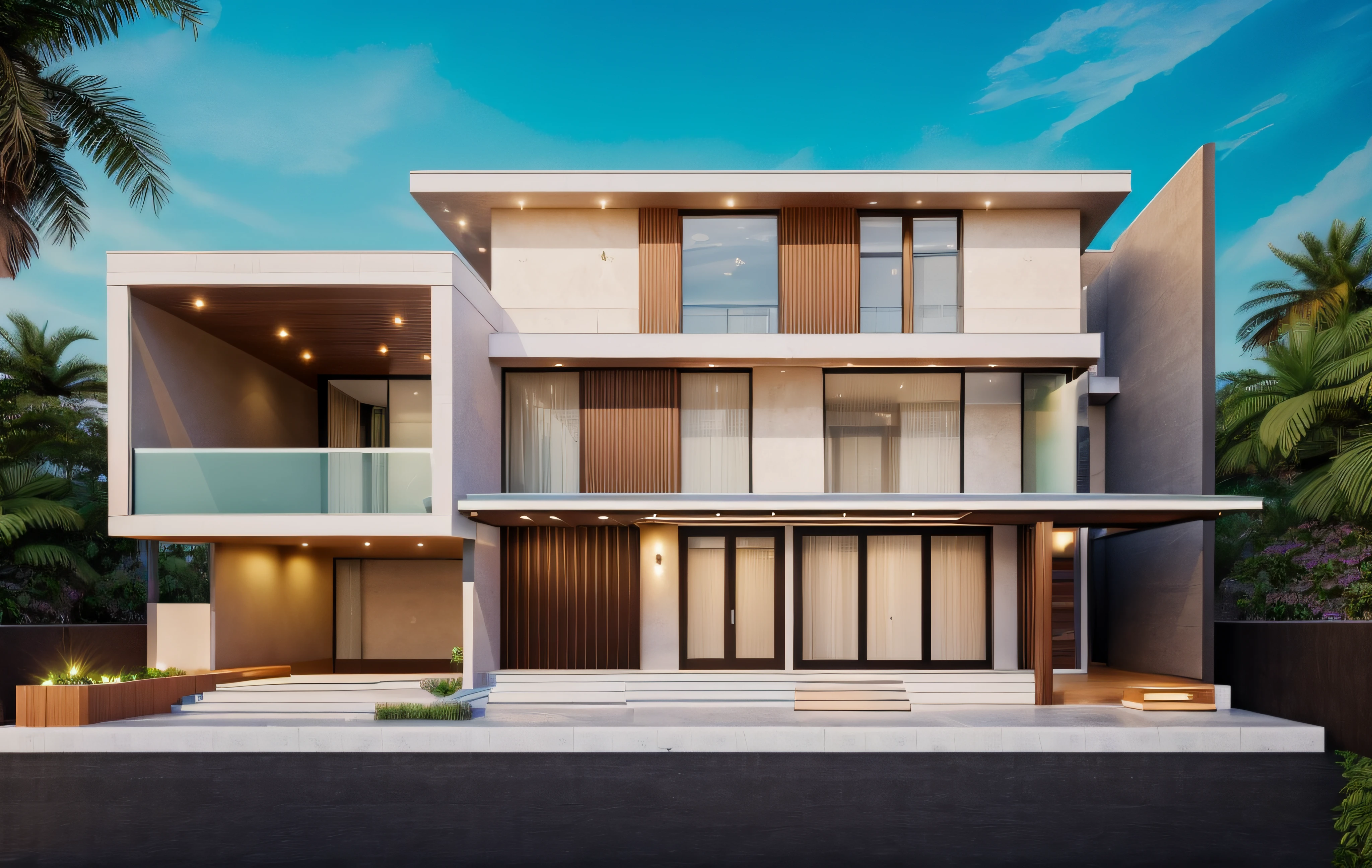 Ultra-realistic 8k, hd image quality, sharp detail, modern villa,(( large glass windows)), American Palm trees high,modern style, shimmering sky, sunset light, feels peaceful, beautiful, close and warm, (((Warm light from indoor:1.3))), (daylight:1.2), perfect lighting,dynamic light, ((large glass doors)), (night light), peaceful space, (nignt sky:1.3)), he road in front of the house, ((car:1.2))