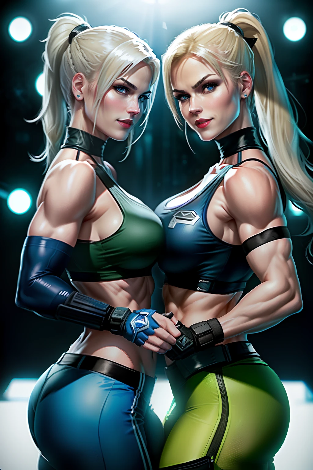 ((Sonya blade and Cassie cage from mortal kombat series)) (beautiful face) (smiling) (big glowing blue eyes) (red lips) (smiling) (long straight light blonde pony tail hair) ((very huge breasts)) (perfect slim body) (sonya blade wears white tank top and low cut pants), (cassie cage wears dark blue outfit, black gloves, low cut pants) (posing sexy inside military base back to back) (high definition, volumetric lights and dinamic shadows)((masterpiece))(8k)(perfect face)(ultra details) (perfect hands, eyes, and face)