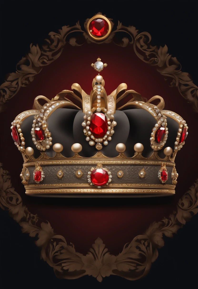 /imagine prompt: dark grey background,No characters,Masterpiece Crown Still Life,Golden crown+Red velvet material,The red velvet fabric in the center of the crown has the M letters in white pearls+Crown topped with colored gemstone decoration+The base is solid with a circle of white pearl decorations,photorealistic illustration,Hand drawn illustrations,American thick paint style illustration,Bold outline style,Smooth edges, Vintage gorgeous core, Light shadows,Clear details,Tattoo drawing design