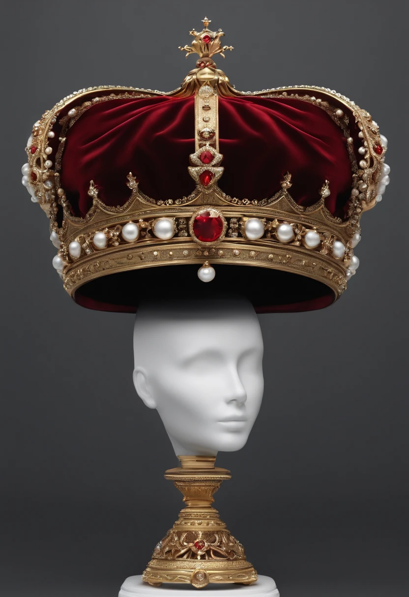 /imagine prompt: dark grey background，No characters，Masterpiece Crown Still Life，Golden crown+Red velvet material，The red velvet fabric in the center of the crown has the M letters in white pearls+Crown topped with colored gemstone decoration+The base is solid with a circle of white pearl decorations，photorealistic illustration，Hand drawn illustrations，American thick paint style illustration，Bold outline style，Smooth edges, Vintage gorgeous core, Light shadows，Clear details，Tattoo drawing design