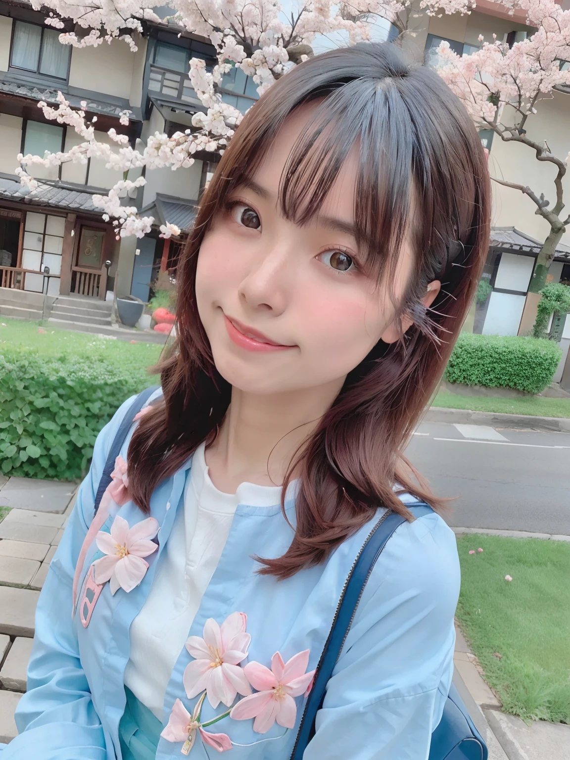 best quality, ultra high res, (photorealistic:1.4),blush,cute,(detailed face),light smile,
looking at viewer,
upper body, japanese clothes,
sunny,river,(cherry blossoms),blue sky,