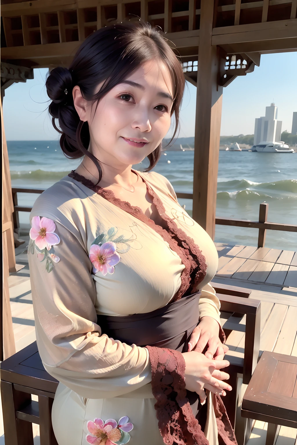 ((top-quality、8K、Photorealsitic，tmasterpiece:1.3))、RAW photos，47-year-old mature woman sitting on beach chair，elaborate faces，Fine lines on the face，Elegant feminine，Happy and charming，（M cup：1.5 huge sagging chest contours）Obesity and breast sagging, Wide fat hip bone，Enlarged pelvis，Moisturizes skin, Sweaty skin, Wavy brunette hair,Black color hair，Traditional Chinese Hanfu，There are intricate patterns，Han dynasty costumes，47-year-old mature woman，Sea background，wearing tight simple clothes, 40 years old women, wearing tight shirt,