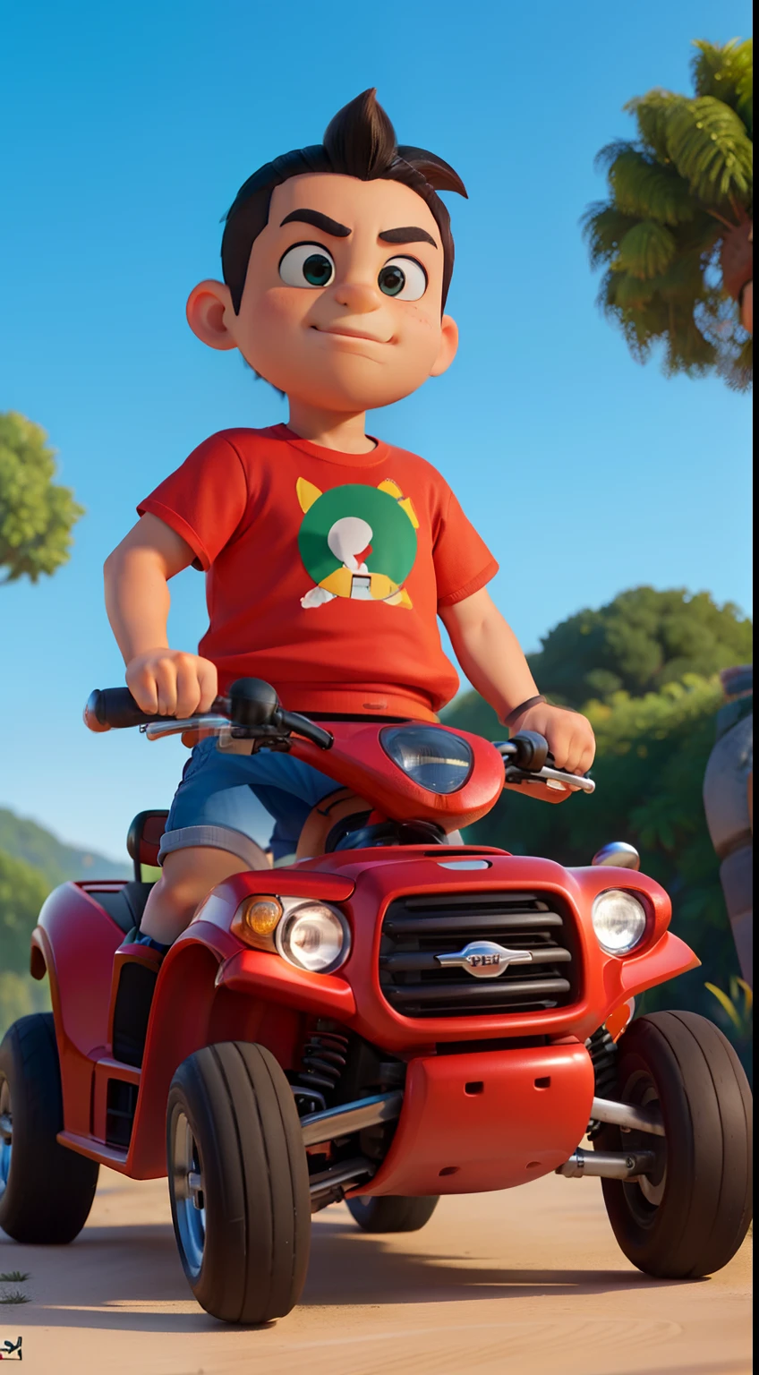 1chico chibi gordito, cabello chino corto negro con ropa deportiva tipo de carreas arriba de un automovil estilo cartoon color verde con toques naranjas y de fondo en una autopista estilo cartoon muy similar a CTR de crash team racing, con un toque muy disney, autos de carreras, arriba de un auto, fondo en un bosque con carretera, auto color rojo con dorado, moto
