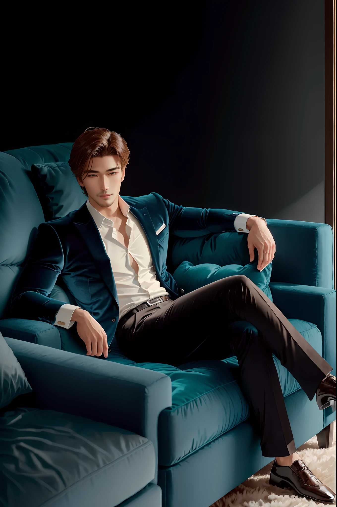 (Best quality,4K,8K,A high resolution,Masterpiece:1.2),Ultra-detailed,(Realistic,Photorealistic,photo-realistic:1.37),asian man, sitting in the couch, Wear a casual suit, With a mischievous smile, Elegant facial features, Perfectly groomed hair, Deep expressive eyes, A charming smile, Slim suit, tailored to perfection, Clear lines and modern design, plush velvet sofas, Soft and comfortable material, Detailed stitching on the sofa, Modern style living room, minimalist decor, Natural lighting, Highlight masculine characteristics, Vibrant colors, Warm and comfortable atmosphere,cool guy,Refined face