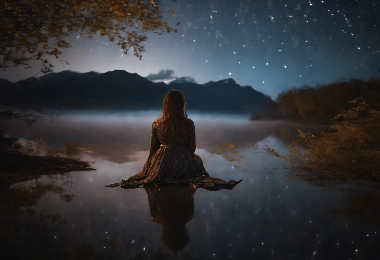 (masterpiece)、(8k wallpaper)、Woman looking up at the sky with her feet in the river、Night scene with star-filled sky、Stars are reflected in the river、天空:0.8,femele:0.1,Shooting from behind、The background is the Japan countryside
