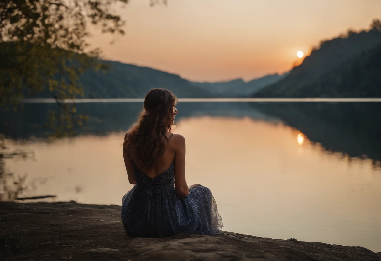 (masterpiece)、(8k wallpaper)、Woman looking up at the sky with her feet in the river、Night scene with star-filled sky、Stars are reflected in the river、天空:0.8,femele:0.1,Shooting from behind、The background is the Japan countryside