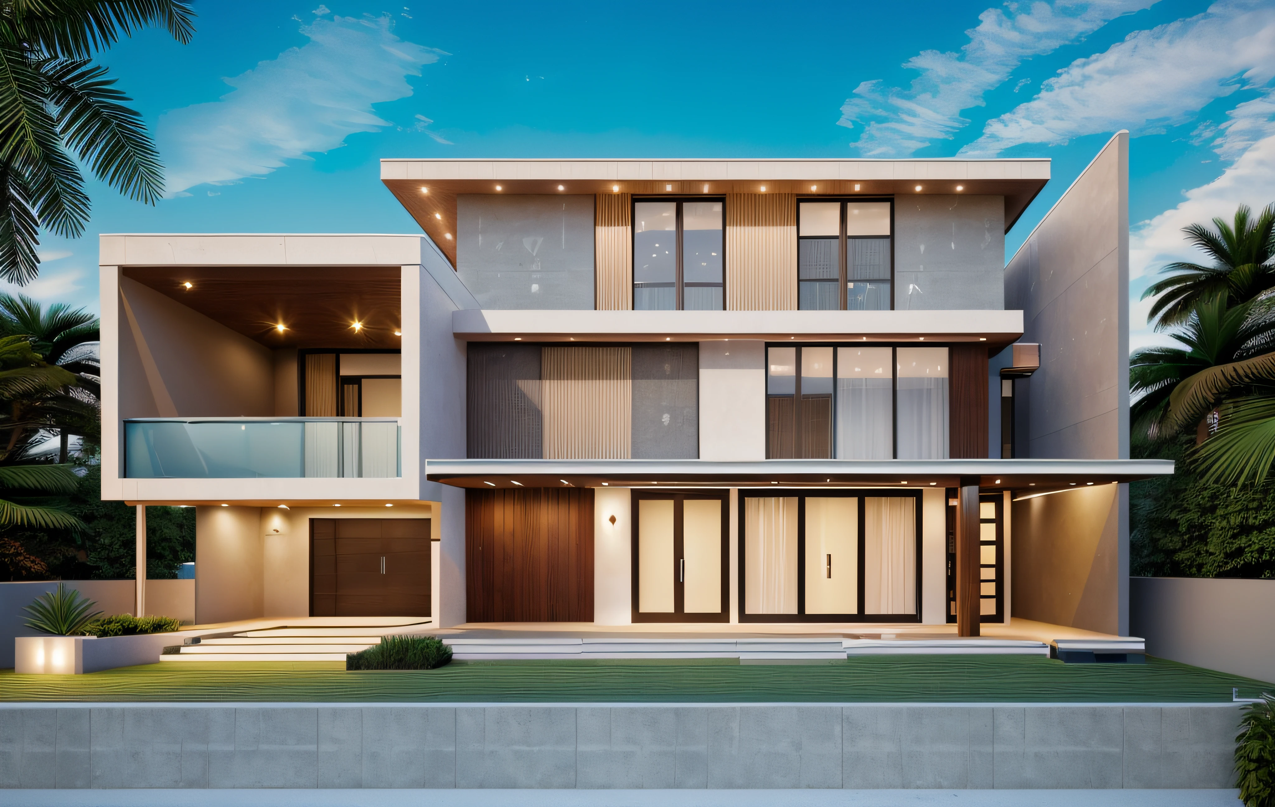 Ultra-realistic 8k, hd image quality, sharp detail, modern villa,(( large glass windows)), American Palm trees high,modern style, shimmering sky, sunset light, feels peaceful, beautiful, close and warm, (((Warm light from indoor:1.3))), (daylight:1.1), perfect lighting,dynamic light, ((large glass doors)), ((night light)), peaceful space, (nignt sky:1.3)), he road in front of the house, ((car:1.2))