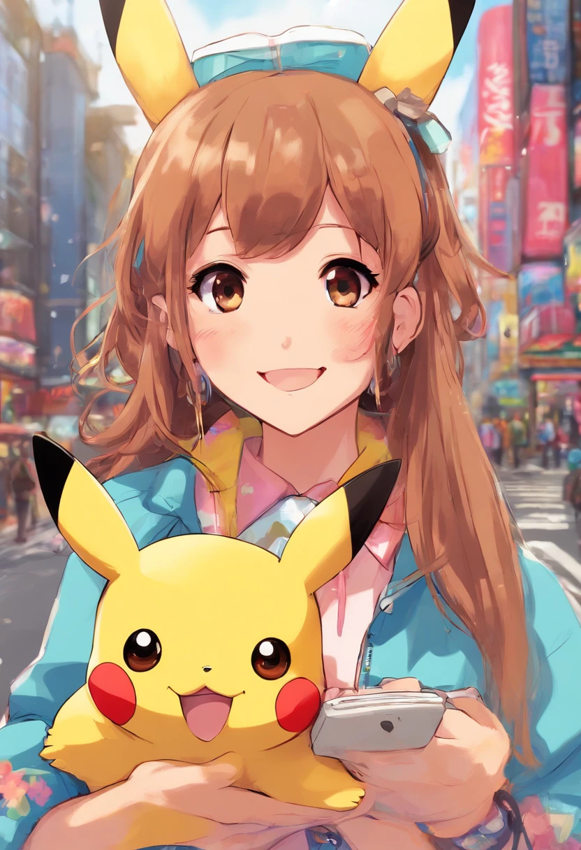 Woman on the fringe playing with Pikachu in Tokyo