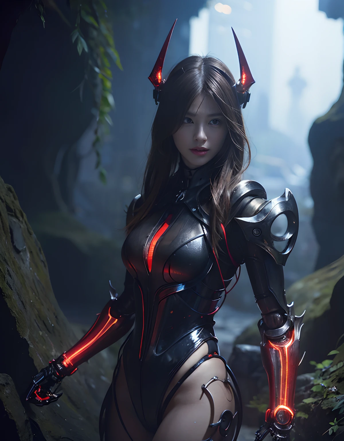(Fierce battle with demonic beasts)、top-quality、masterpiece、超A high resolution、(Photorealsitic:1.4)、Raw photo、1人、Devil's Bodysuit、glowy skin、(((1 Mechanical Girl)))、With a beautiful knife、(Red Metal Bodysuit)、(Please wear a mechanical helmet)、(beautiful forest background)、Precipitous cliffs、(Small LED)、((super realistic details))、portlate、globalillumination、Shadow、octan render、(One-Eyed Scouter)、8K、ultrasharp、Colossal tits、Raw skin is exposed in cleavage、metals、Details of complex ornaments、Japan details、highly intricate detail、Realistic light、CGSoation Trends、Red Eyes、radiant eyes、Facing the camera、(Fierce battle with aliens)neon details、(Mechanical limbs)、(blood vessels connected to tubes)、Mechanical vertebrae attached to the back、mechanical cervical attaching to neck、(Wires and cables connecting to the head)、Gundam、Small LED、,Mechanical thighs、Toostock、(Hands are also made of machines)、(Please wear a mechanical helmet)、(Fierce battle with aliens)、