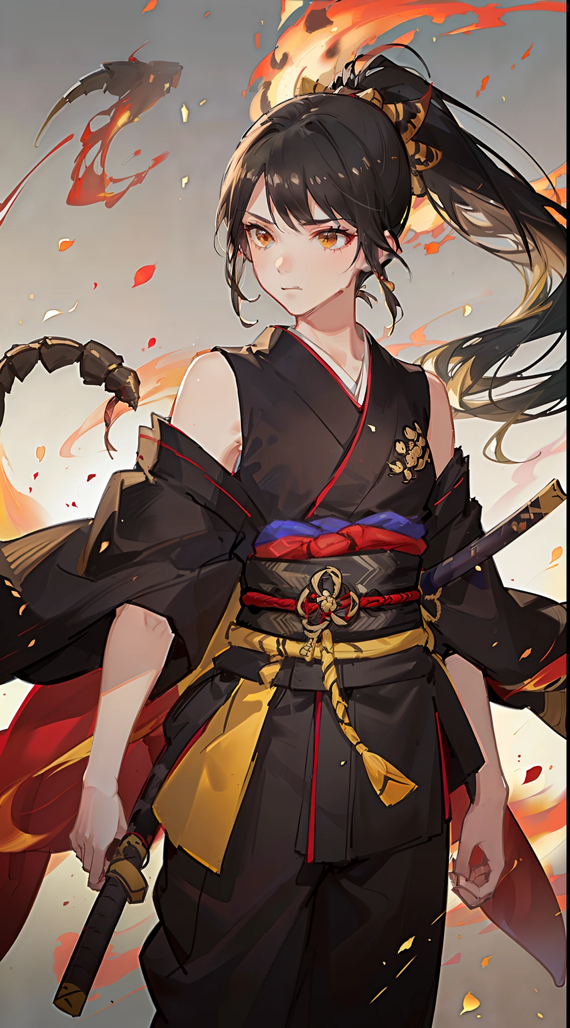 Grown-up guy, short black hair, high ponytail, Brown eyes, mask, Yellow shinobi kimono, Sleeveless, Scorpion, fire, katana, Masterpiece, hiquality, 4k, HD, Good detail