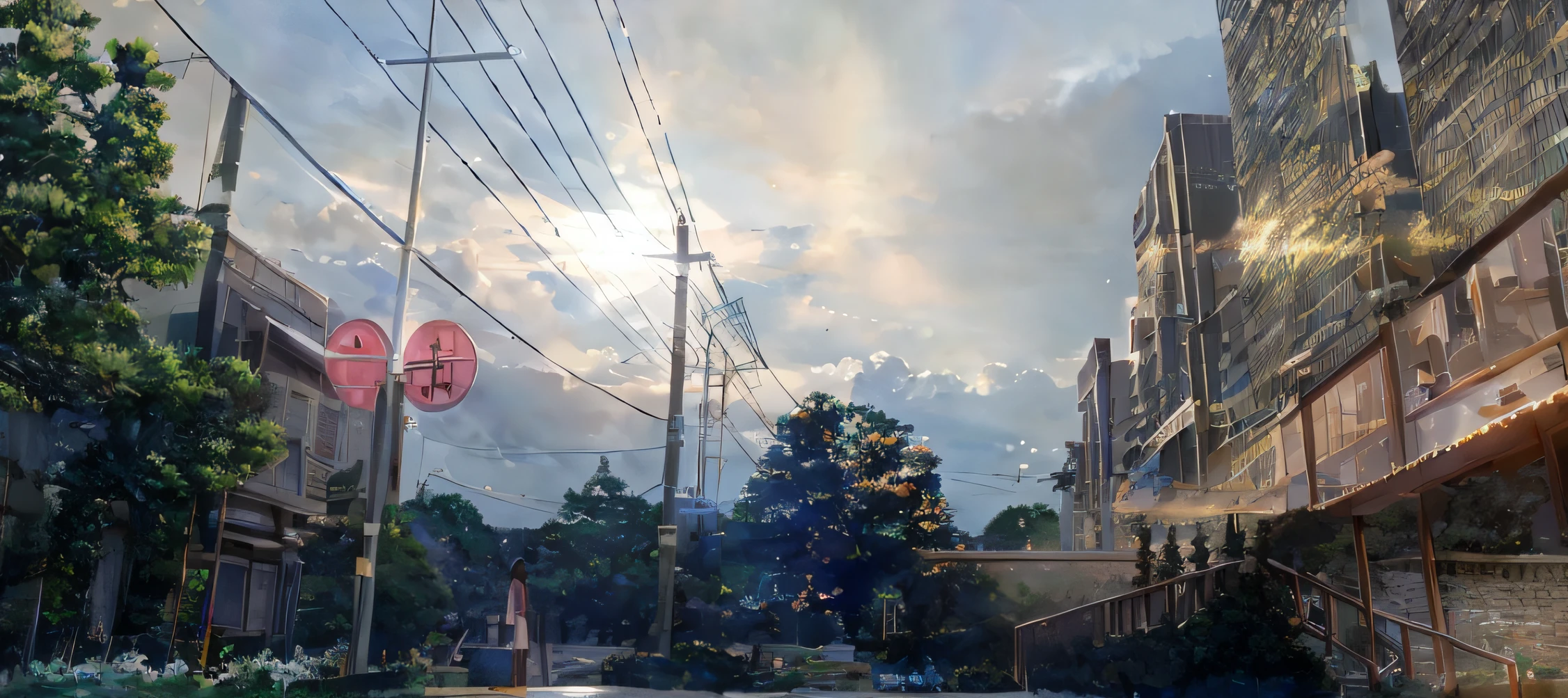 Two-dimensional anime style,Beautiful picture,Delicate architecture,shining sun,Delicate sky and clouds,Beautiful street view,