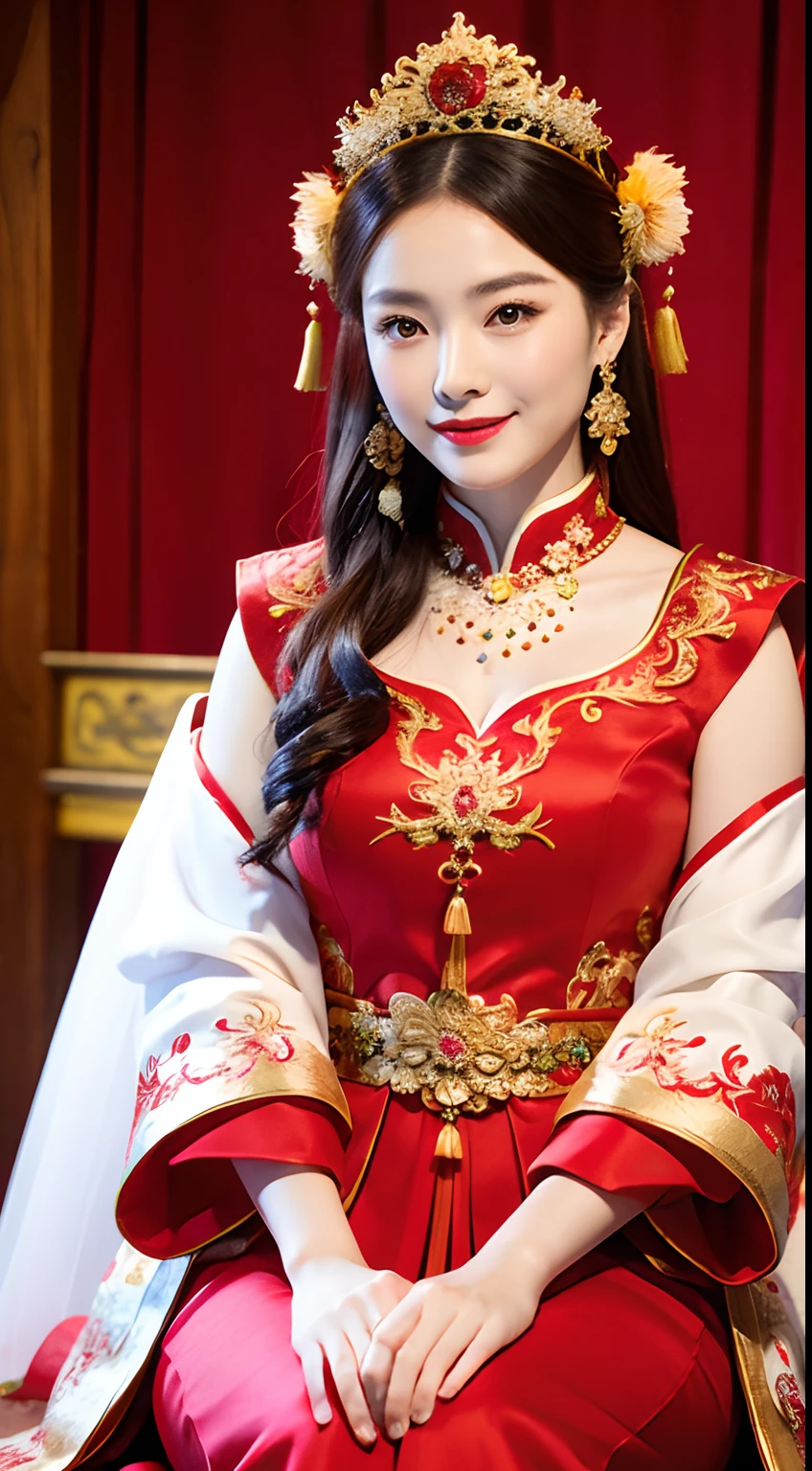 (8k, RAW Photo, Best Quality, Masterpiece: 1.2), (Realistic, Realistic: 1.37), 1 Girl, Woman in Red Dress and Headdress Posing for Photo, Gorgeous Role Play, Beautiful Costume, Chinese Dress, Complex Dress, Complex Costume, Traditional Beauty, Gorgeous Chinese Model, Chinese Costume, Wearing Gorgeous Costume, Wearing Elegant Chinese Xiuhe Dress, Chinese Wedding Dress, Phoenix Crown Xia Hanging, Antique Bride, Xiuhe Costume, Close Up, Wearing Phoenix Crown, Smile, No Watermark, Dragon and phoenix embroidered dress