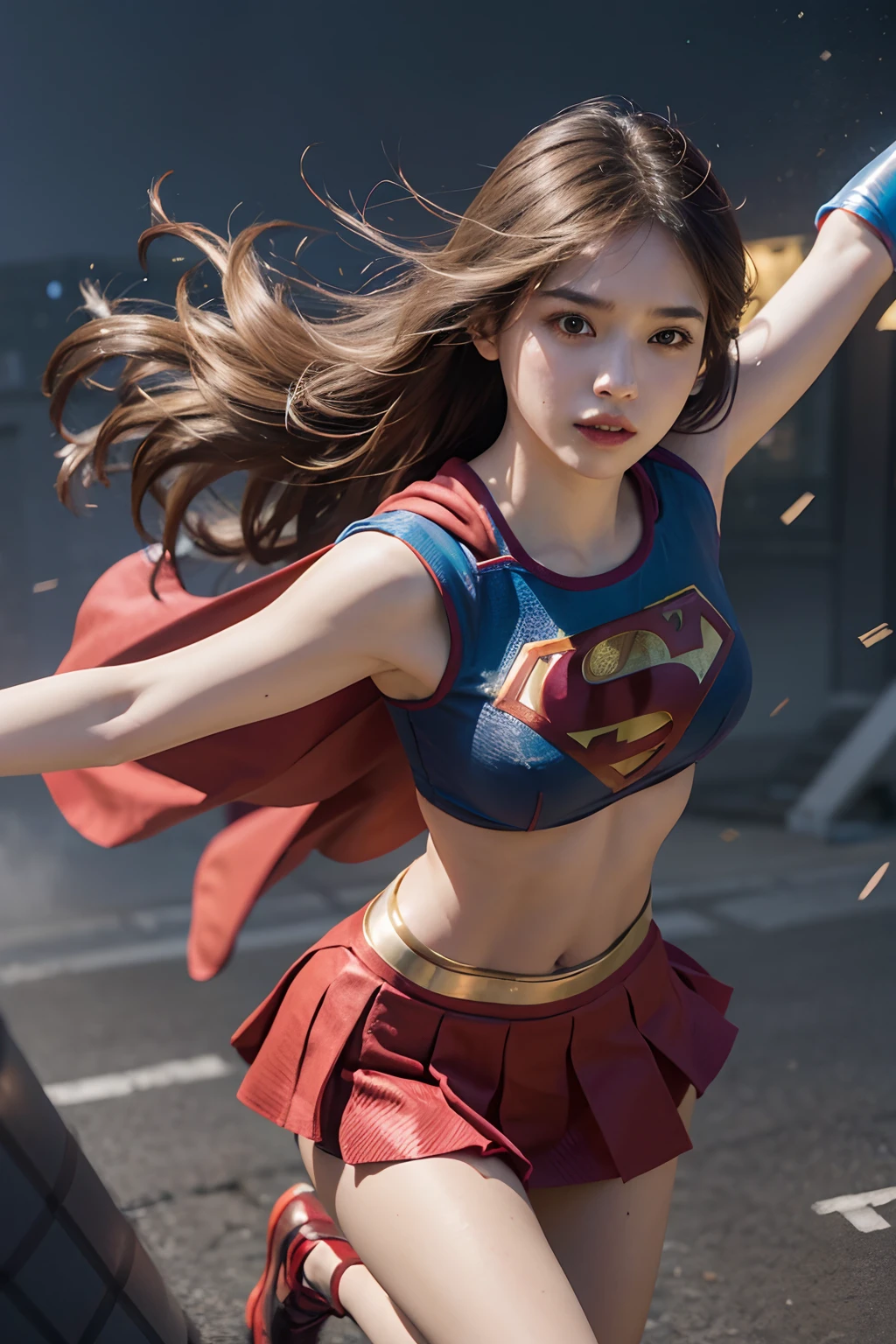 1 girl, solo, long hair, crop top, full body, supergirl, superhero landing