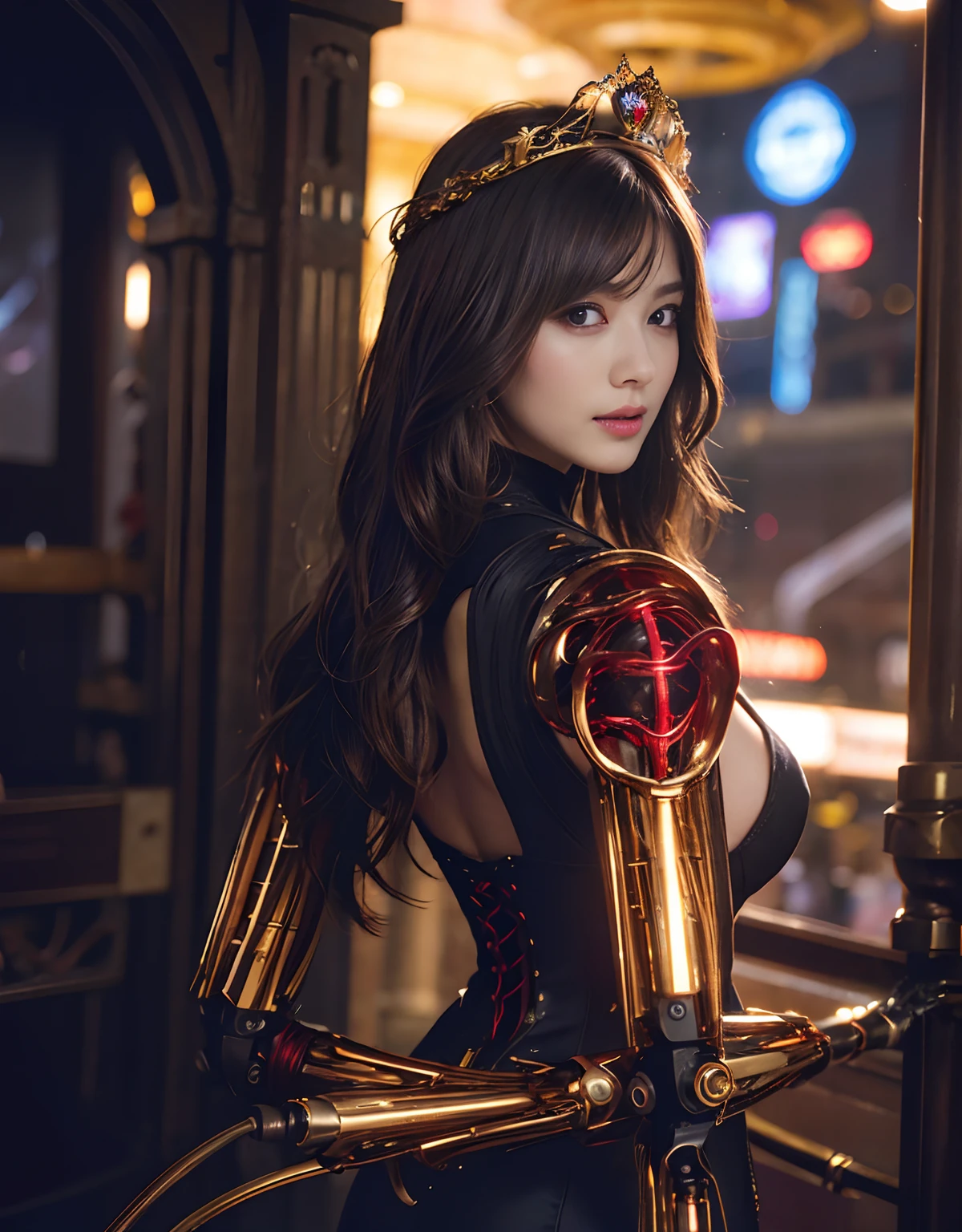 (1 Mechanical Girl)、top-quality、​masterpiece、超A high resolution、(Wearing a crown made of jewels),(Photorealsitic:1.4)、Raw photo、女の子1人、Golden hair、glowy skin、(((1 Mechanical Girl)))、（Realistic dragon background）、（Fight big dragons）、With a beautiful knife、（Metal bodysuit）、(Beautiful church background)、Precipitous cliffs、(Small LED)、((super realistic details))、portlate、globalillumination、Shadow、octan render、（One-Eyed Scouter）、8K、ultrasharp、Colossal tits、Raw skin is exposed in cleavage、metals、Details of complex ornaments、Japan details、highly intricate detail、Realistic light、CGSoation Trends、Red Eyes、radiant eyes、Facing the camera、neon details、(Mechanical limbs)、(blood vessels connected to tubes)、Mechanical vertebrae attached to the back、mechanical cervical attaching to neck、(Wires and cables connecting to the head)、Gundam、Small LED、,Mechanical thighs、Toostock、（Hands are also made of machines）、