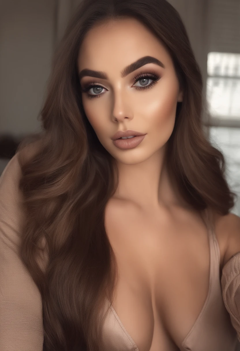Arafed Mujer totalmente , Chica sexy con ojos marrones, ultra realista, meticulosamente detallado, Retrato Sophie Mudd, brown hair and large eyes, selfie de una mujer joven, Ojos de Dubai, Violeta Myers, sin maquillaje, Maquillaje natural, staring directly into camera, cara con artgram, maquillaje sutil, Impresionante foto de cuerpo completo arrodillado en la cama, En el dormitorio, Medium to large size bust