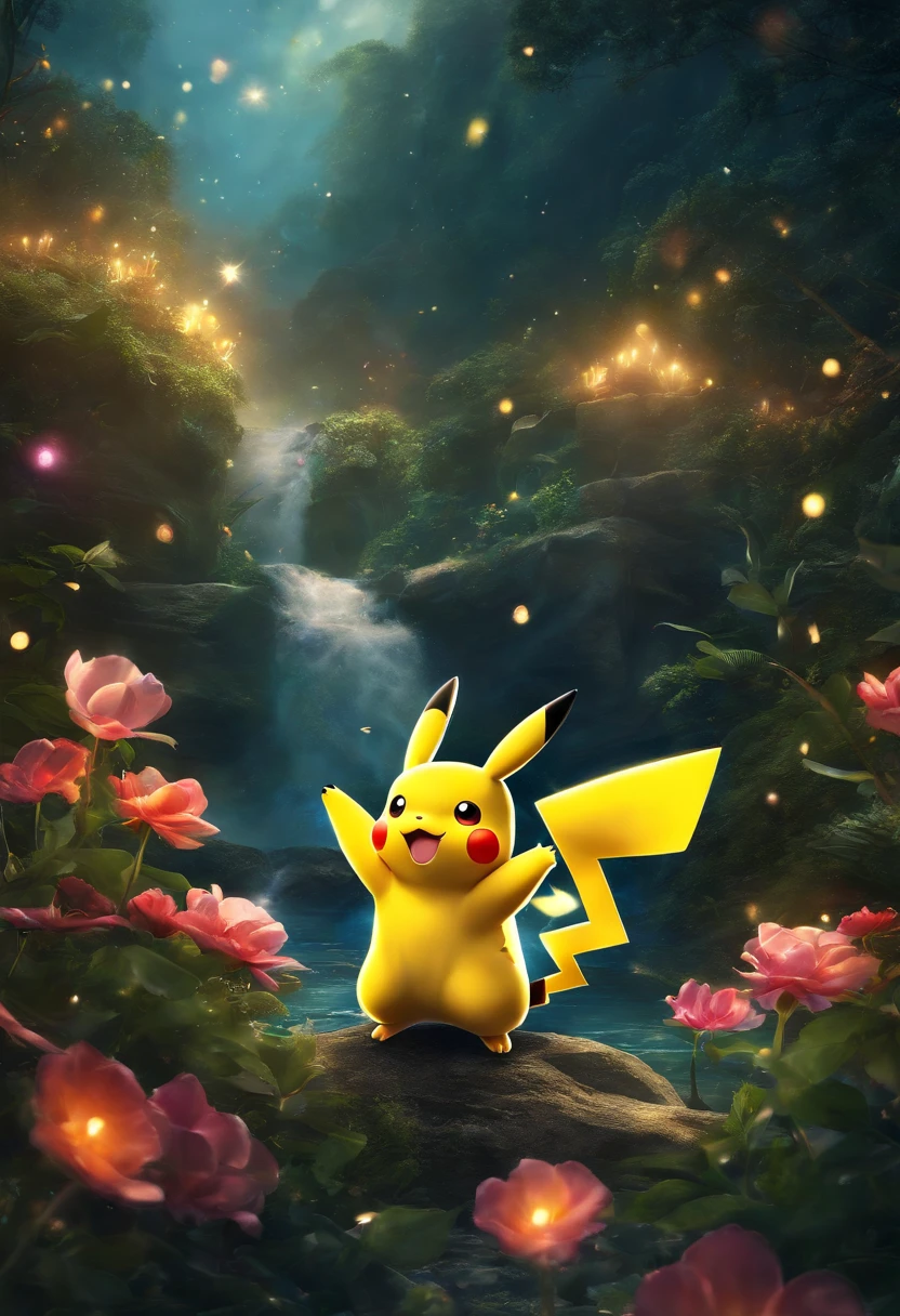 (masutepiece, Best Quality), Ultra-realistic and stunning digital artwork, Featuring a transparent Pikachu in a magical and whimsical environment, Filled with vibrant colors and dynamic textures. Pikachu is depicted in a playful and mischievous pose, As if it is about to plunge into action. The environment is filled with sparkling particles and fantastic elements, flowers, etc., Leaves, and stars in the, Adds an overall enchanting and dreamy atmosphere to the artwork.