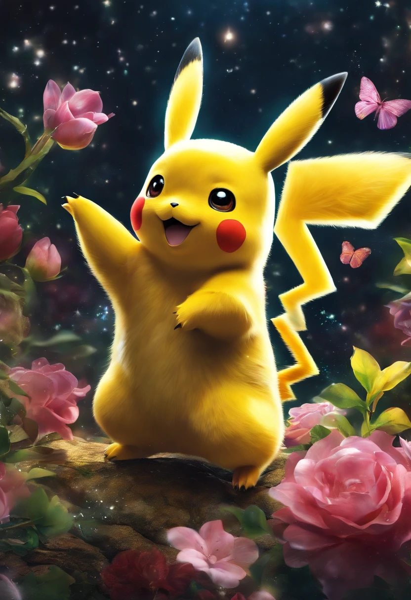 (masutepiece, Best Quality), Ultra-realistic and stunning digital artwork, Featuring a transparent Pikachu in a magical and whimsical environment, Filled with vibrant colors and dynamic textures. Pikachu is depicted in a playful and mischievous pose, As if it is about to plunge into action. The environment is filled with sparkling particles and fantastic elements, flowers, etc., Leaves, and stars in the, Adds an overall enchanting and dreamy atmosphere to the artwork.